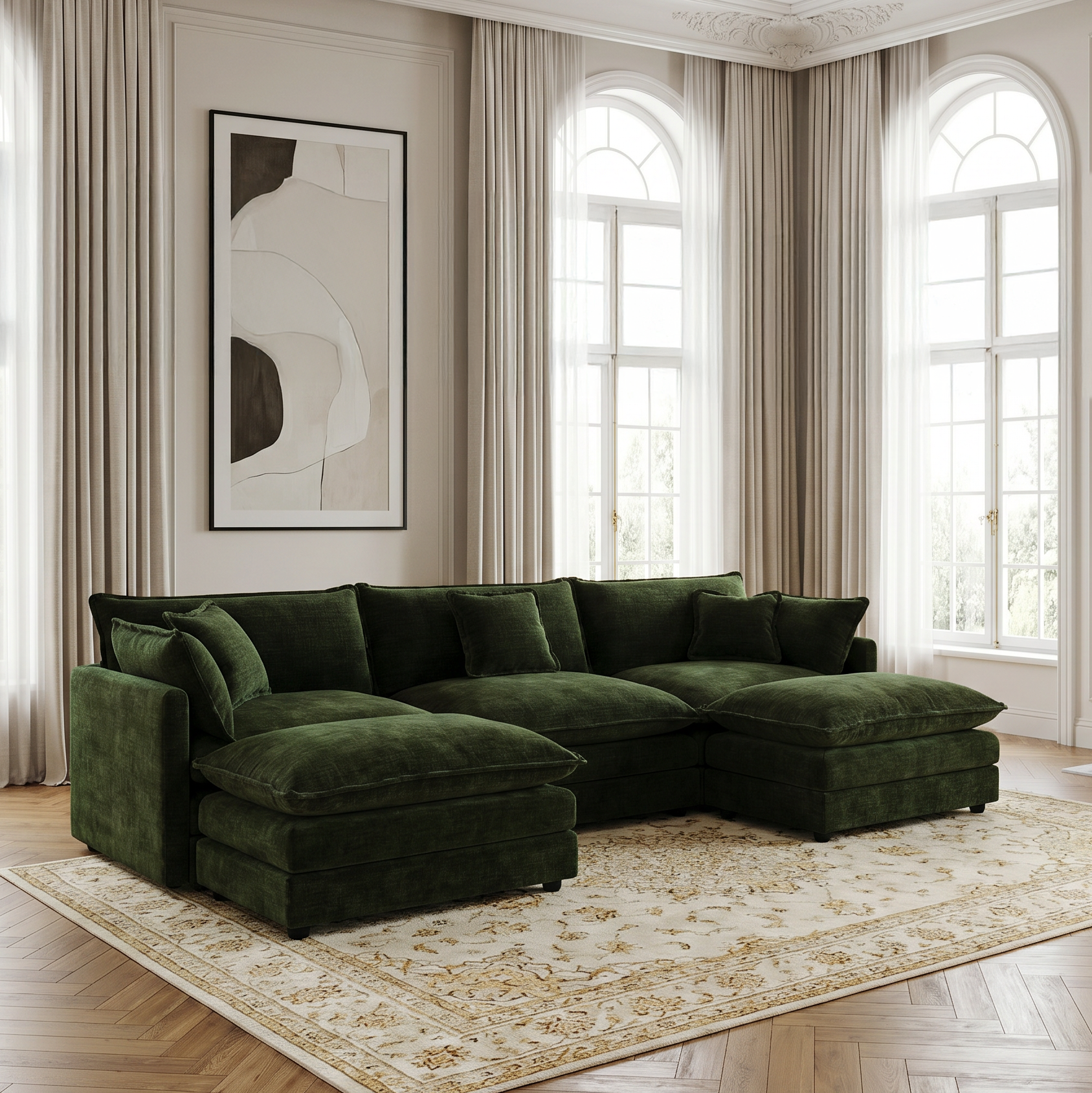 Fremont 112" Modular Chenille Upholstered U-Shaped Sectional Sofa with Ottomans