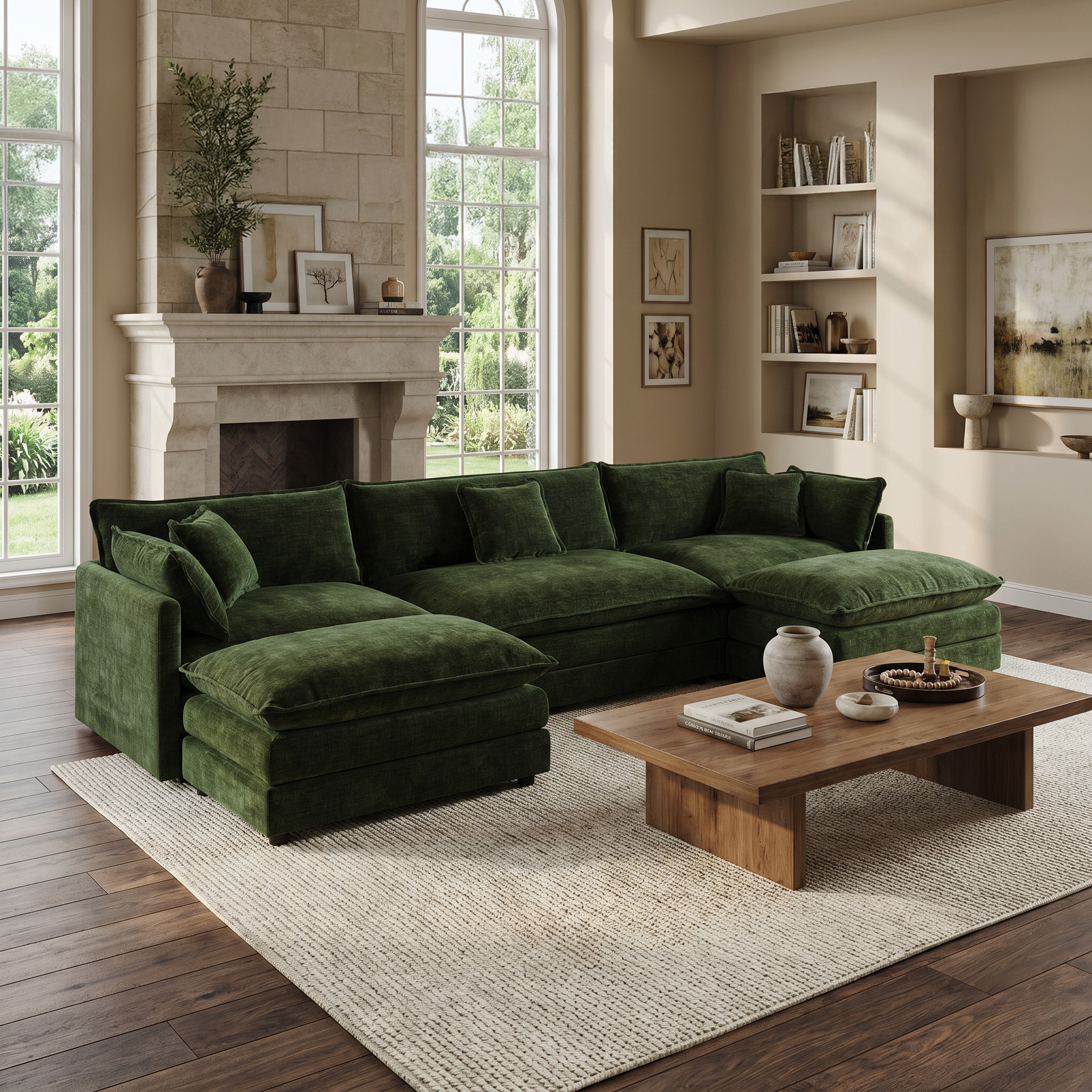 Fremont 112" Modular Chenille Upholstered U-Shaped Sectional Sofa with Ottomans