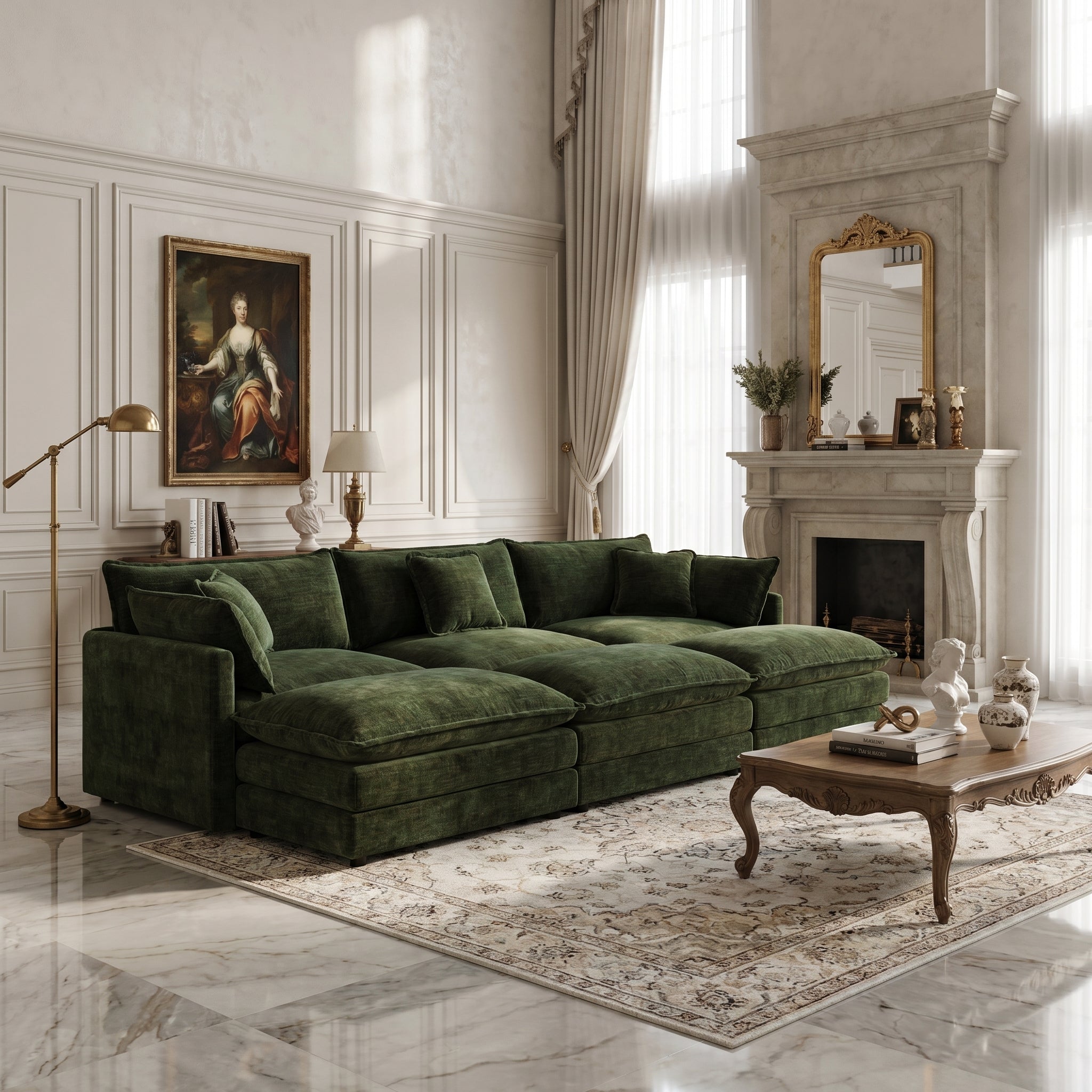 Fremont 112" 6-Piece Modular Chenille Upholstered Sectional Sofa with Ottomans