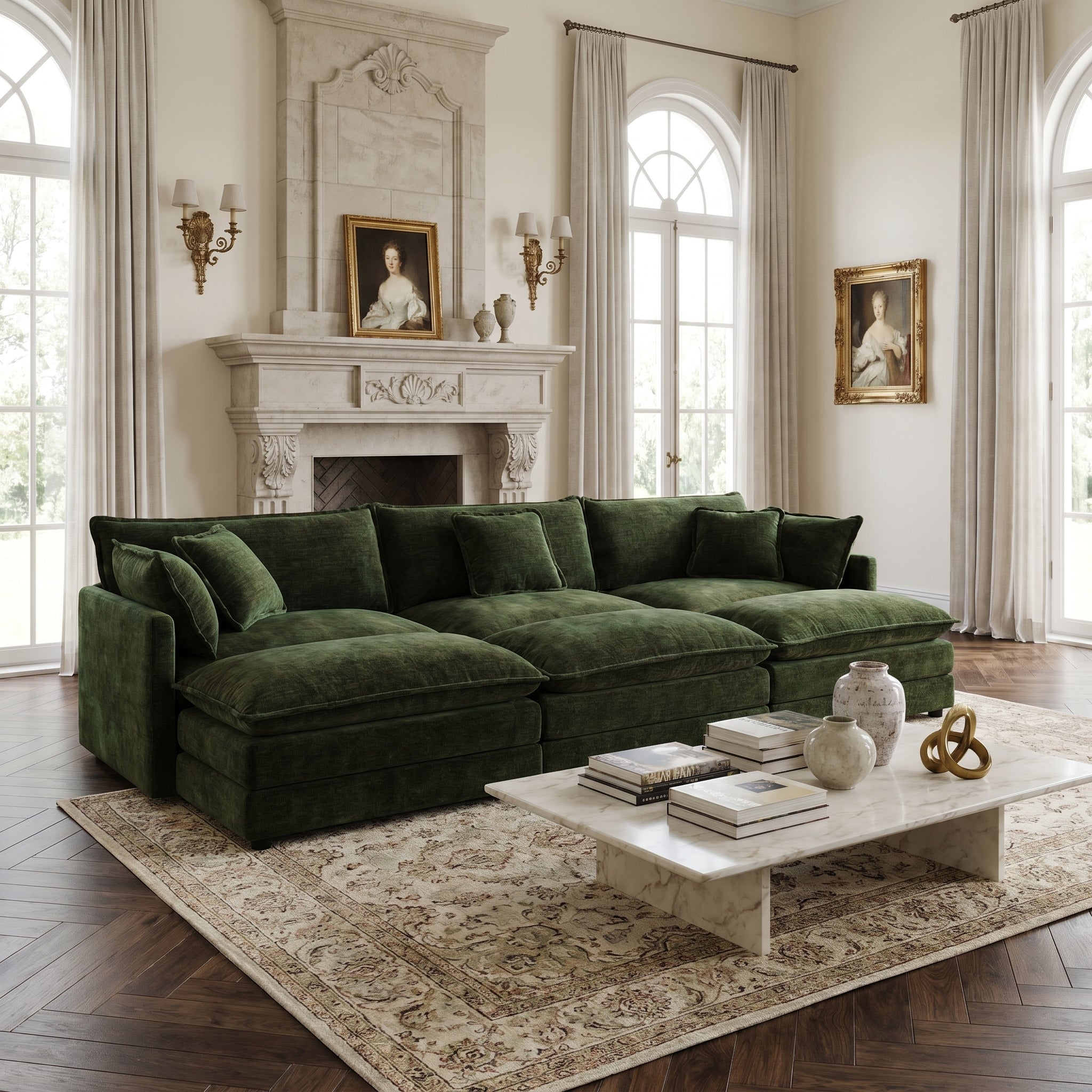 Fremont 112" 6-Piece Modular Chenille Upholstered Sectional Sofa with Ottomans