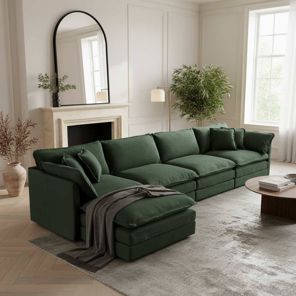 Fremont 147" Modular Chenille Upholstered L-Shaped Sectional Sofa with Ottoman