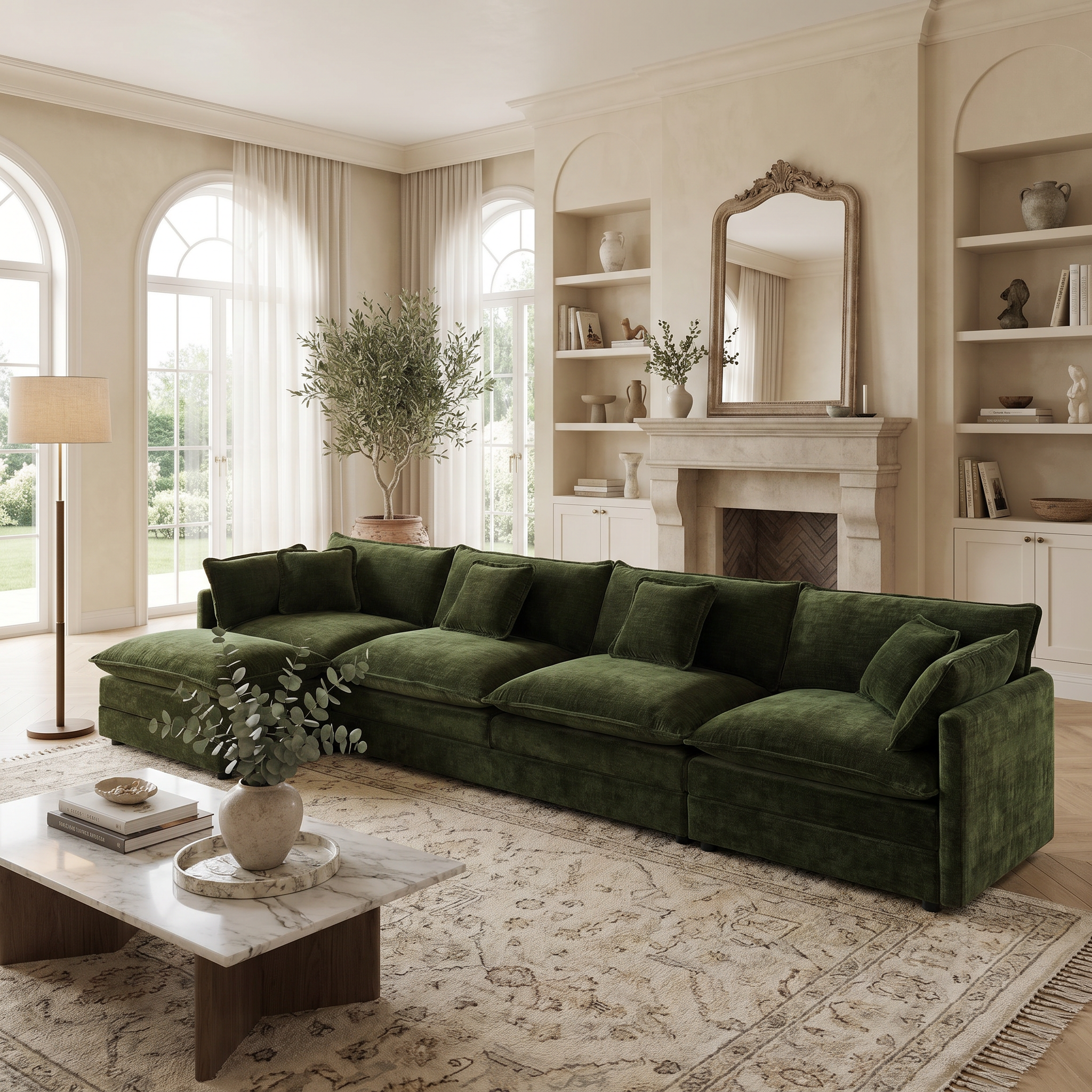 Fremont 147" Modular Chenille Upholstered L-Shaped Sectional Sofa with Ottoman