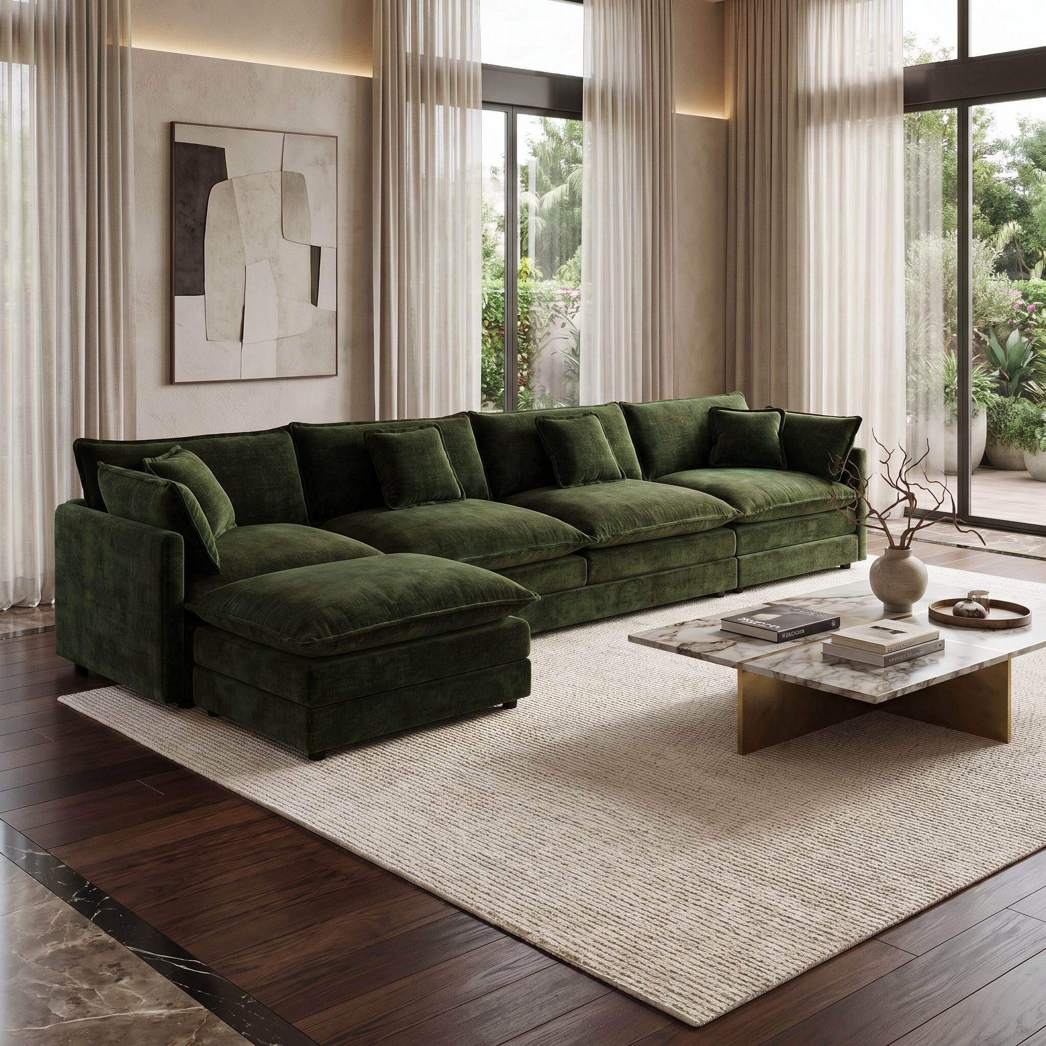 Fremont 147" Modular Chenille Upholstered L-Shaped Sectional Sofa with Ottoman