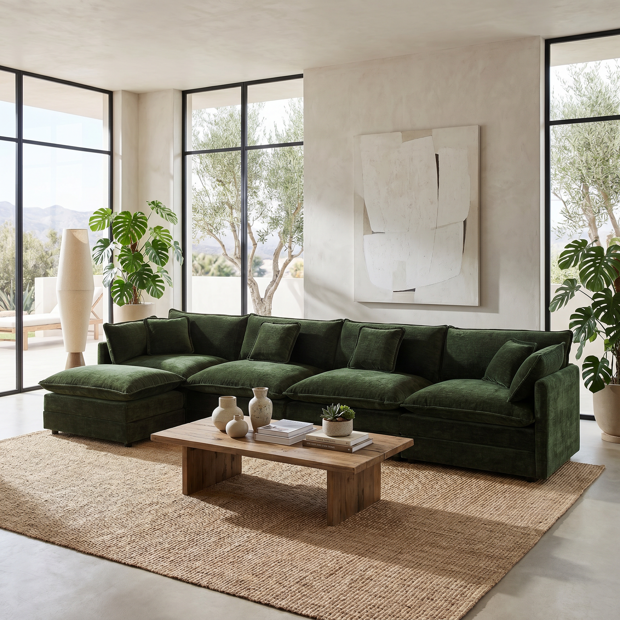 Fremont 147" Modular Chenille Upholstered L-Shaped Sectional Sofa with Ottoman