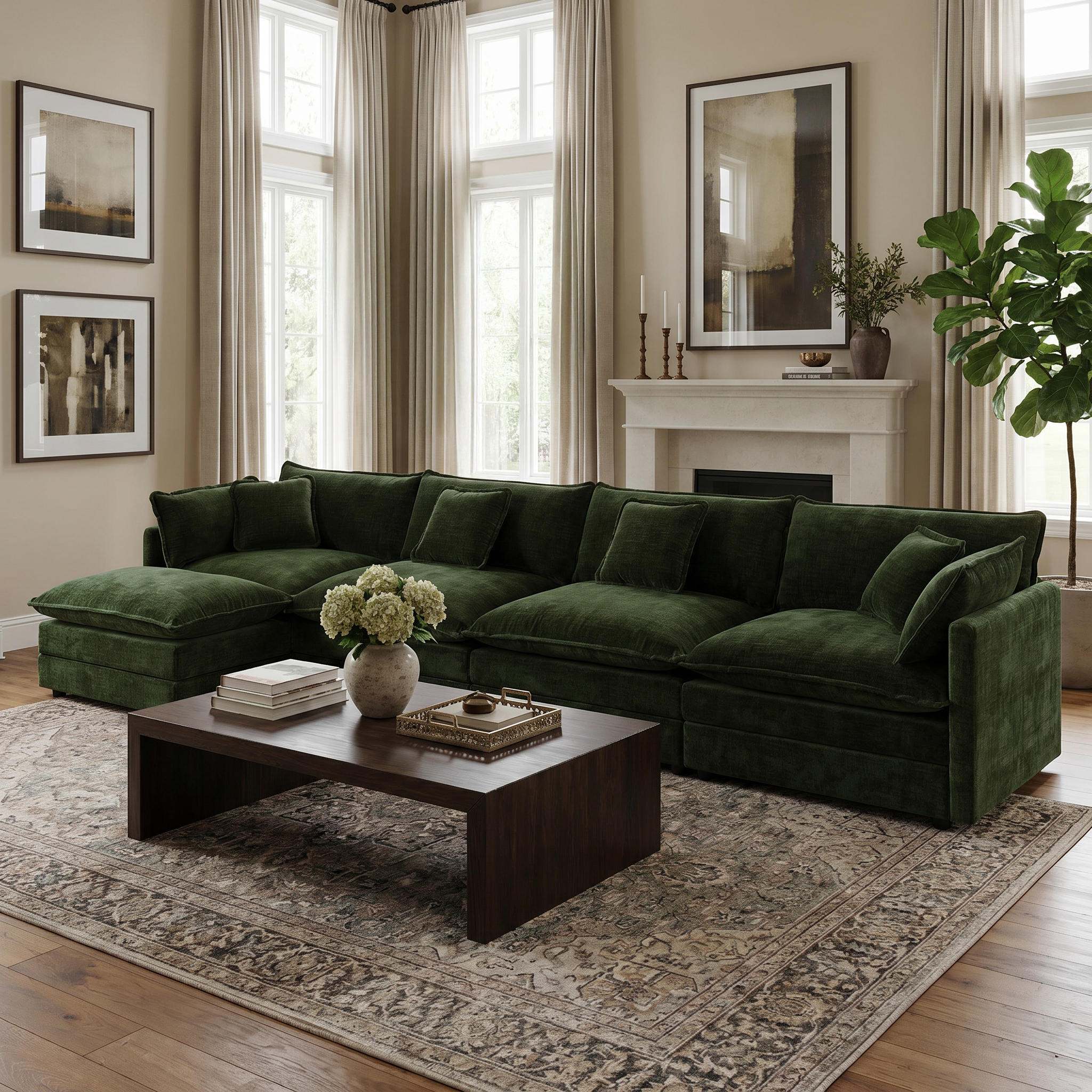 Fremont 147" Modular Chenille Upholstered L-Shaped Sectional Sofa with Ottoman
