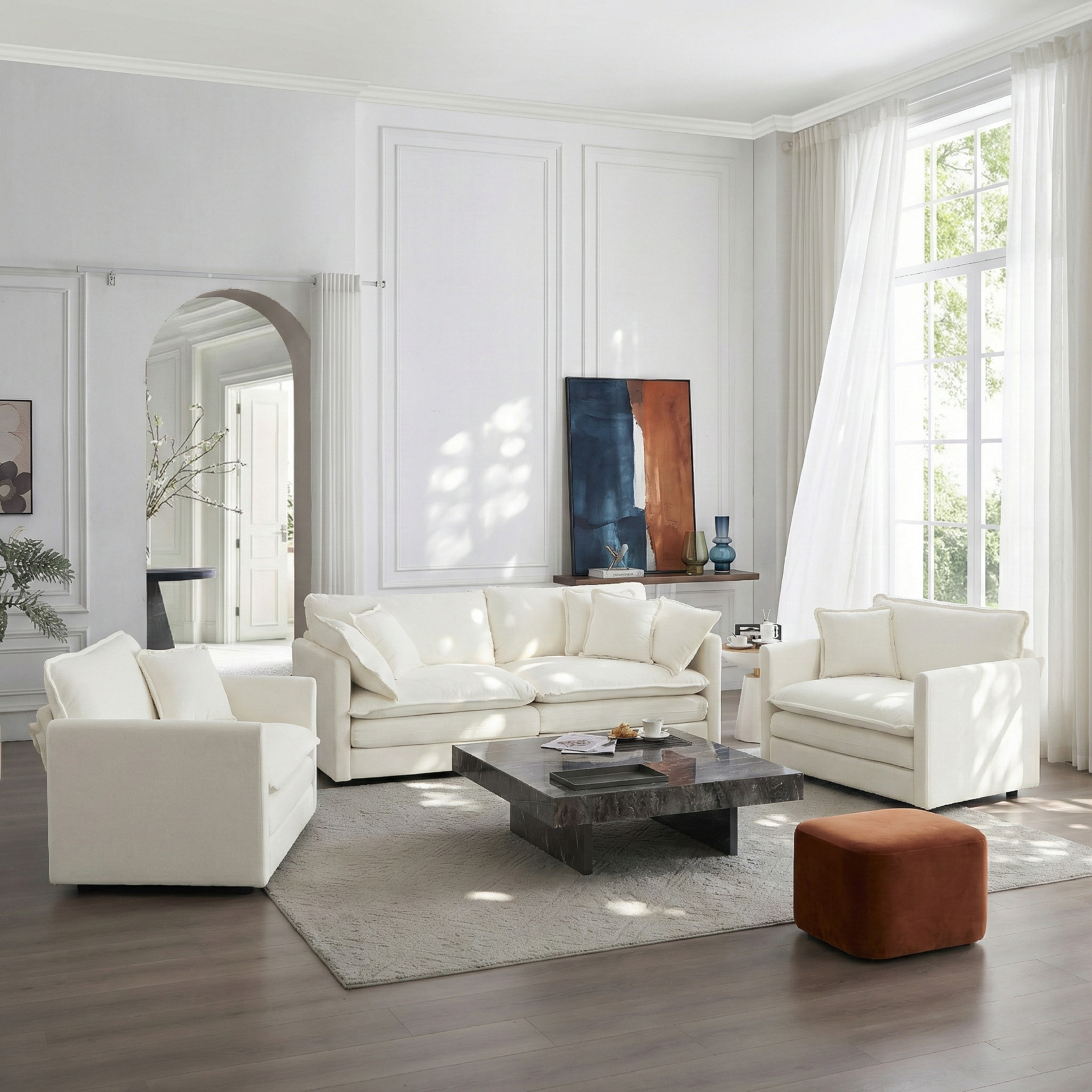Fremont 3 Piece Chenille Upholstered Modular Sofa Set with Armchairs and Loveseat