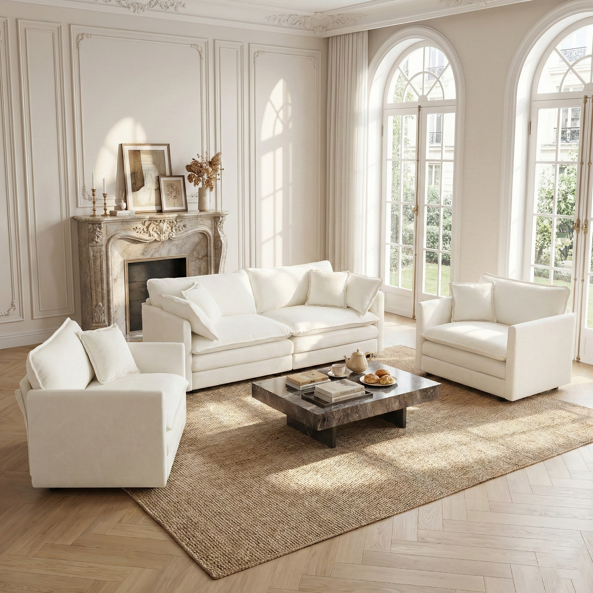 Fremont 3 Piece Chenille Upholstered Modular Sofa Set with Armchairs and Loveseat