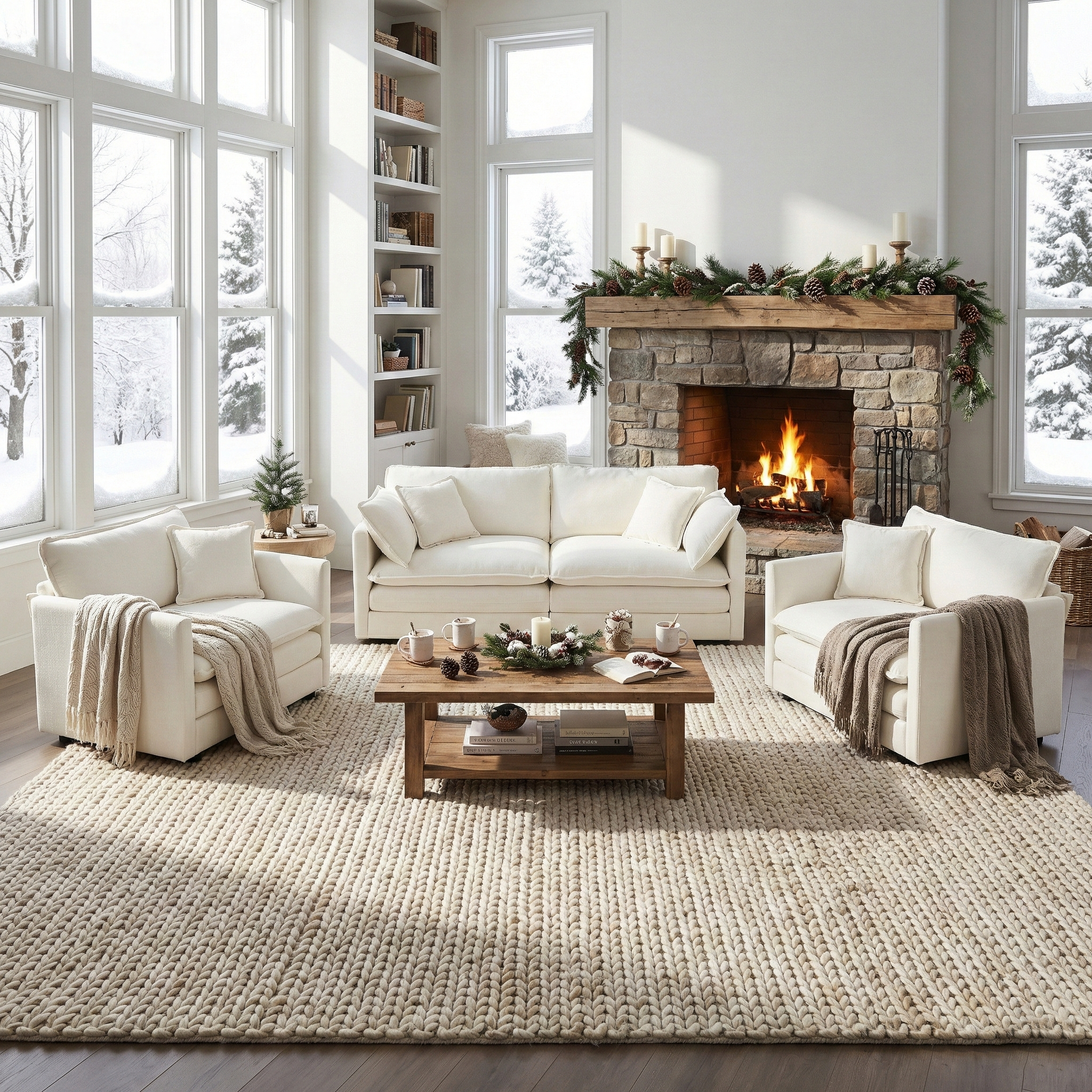 Fremont 3 Piece Chenille Upholstered Modular Sofa Set with Armchairs and Loveseat