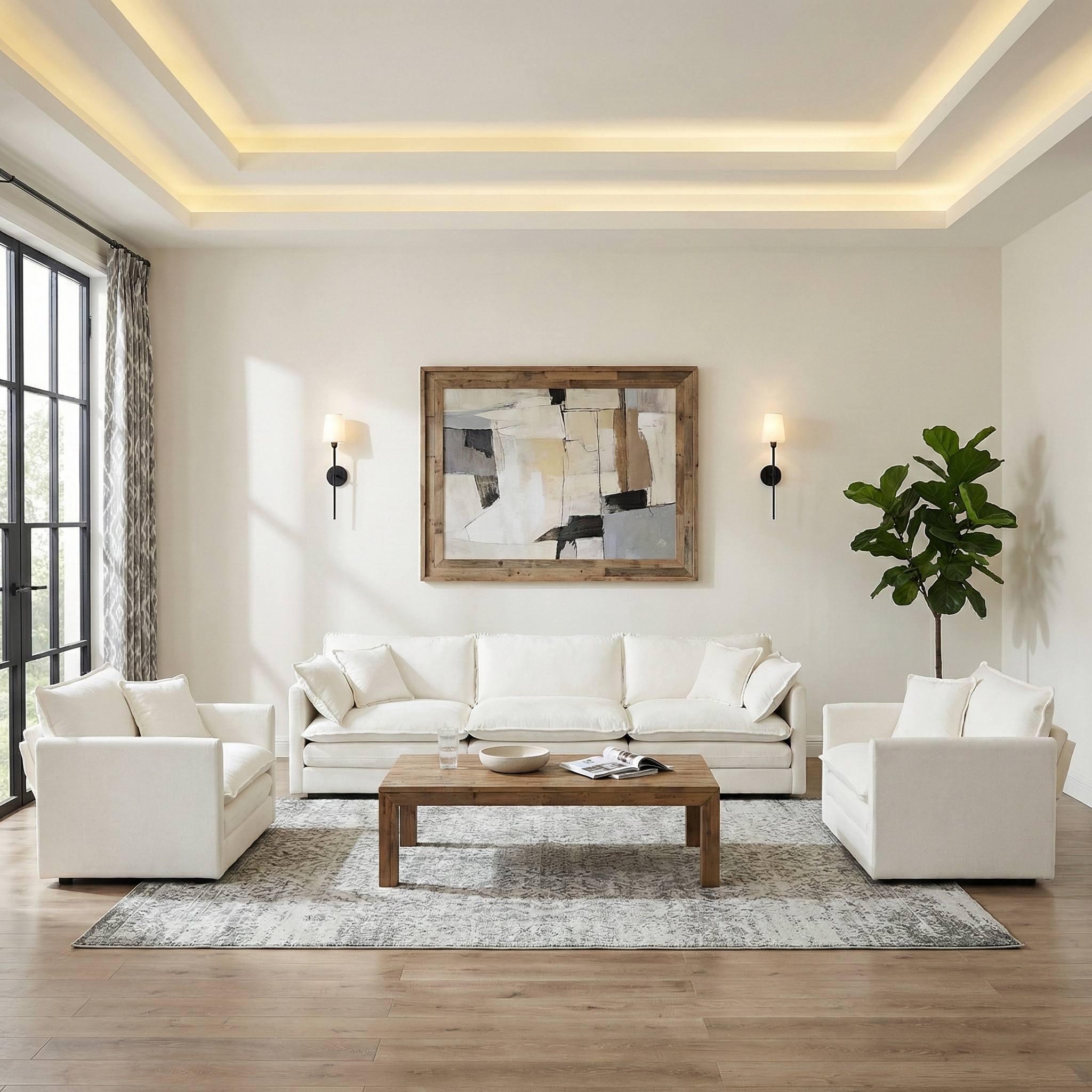 Fremont 3 Piece Chenille Upholstered Modular Sofa Set with Armchairs and 3-Seater Sofa