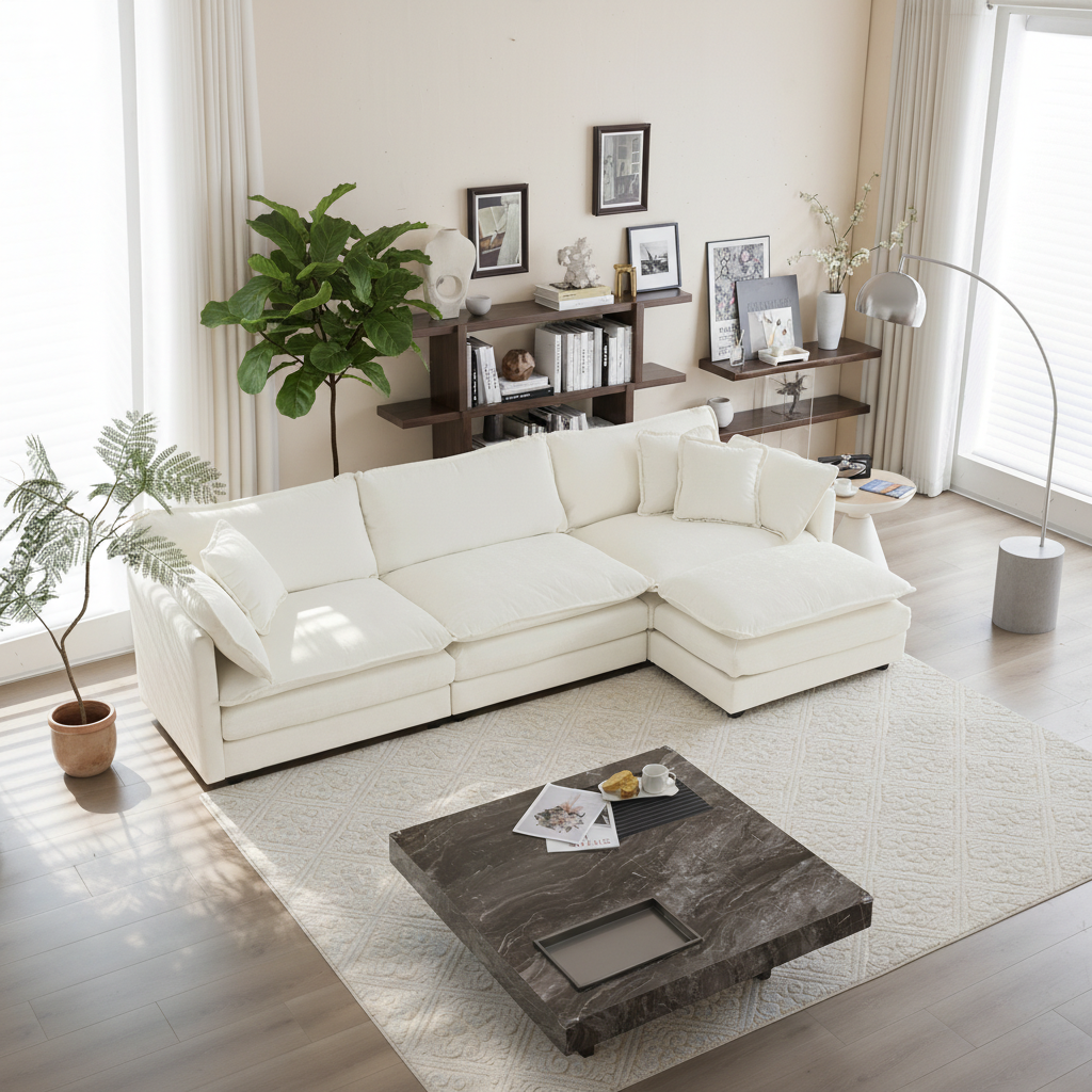 Fremont 112" Modular Chenille Upholstered L-Shaped Sectional Sofa with Ottoman