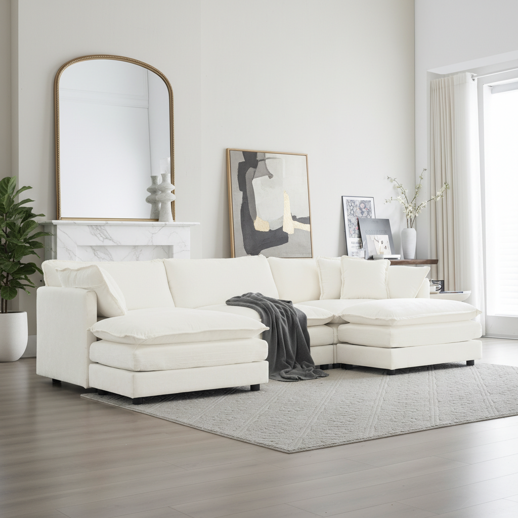 Fremont 112" Modular Chenille Upholstered U-Shaped Sectional Sofa with Ottomans