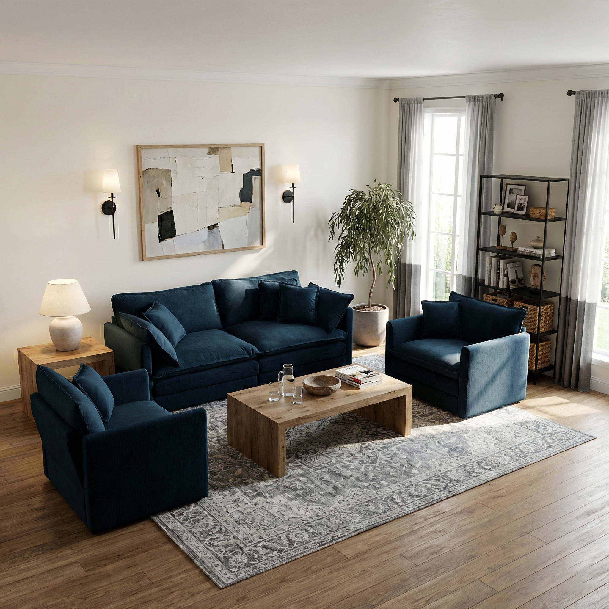 Fremont 3 Piece Chenille Upholstered Modular Sofa Set with Armchairs and Loveseat