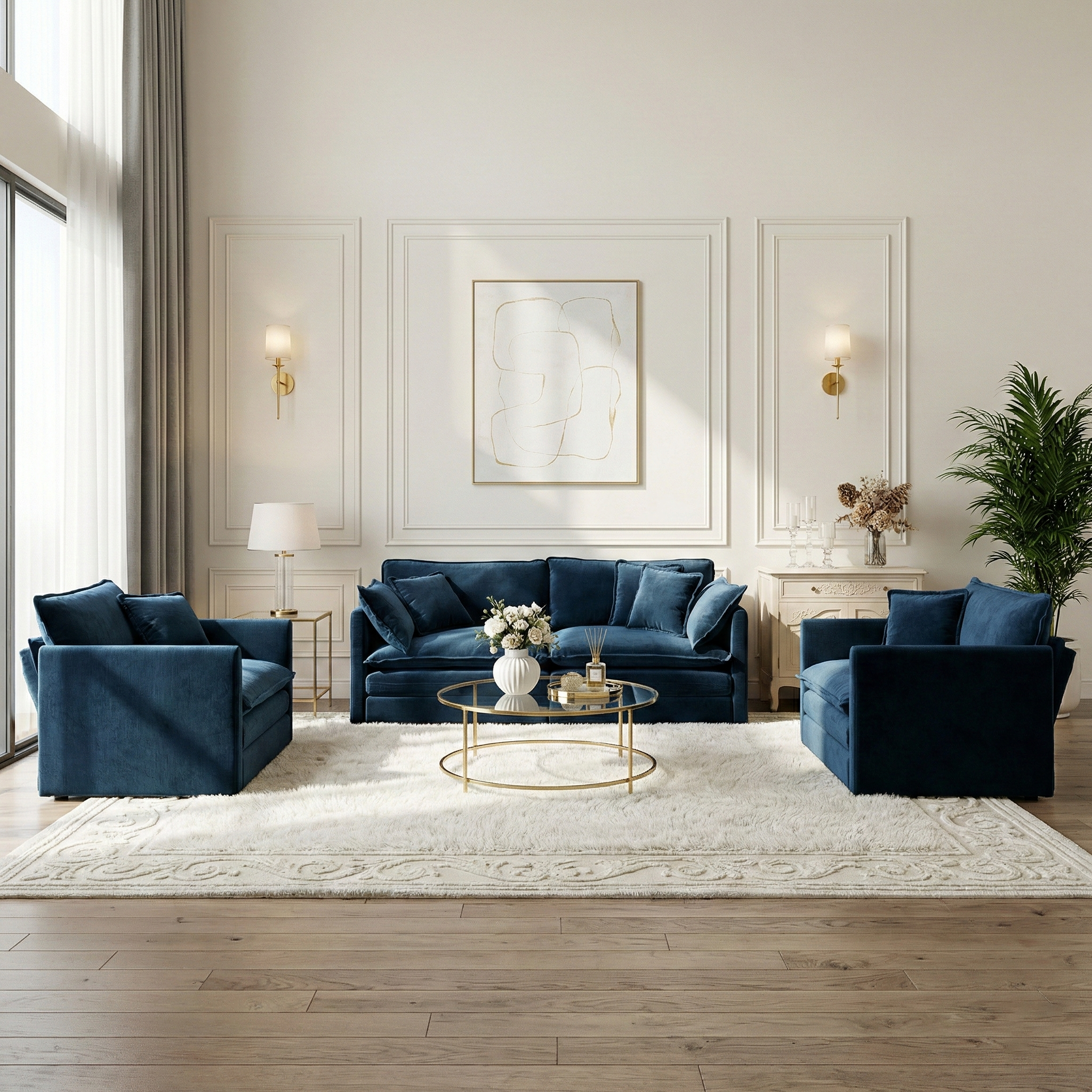 Fremont 3 Piece Chenille Upholstered Modular Sofa Set with Armchairs and Loveseat