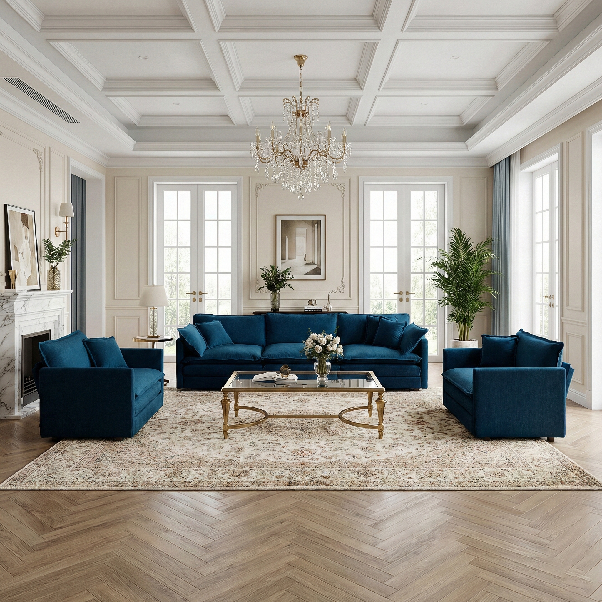 Fremont 3 Piece Chenille Upholstered Modular Sofa Set with Armchairs and 3-Seater Sofa