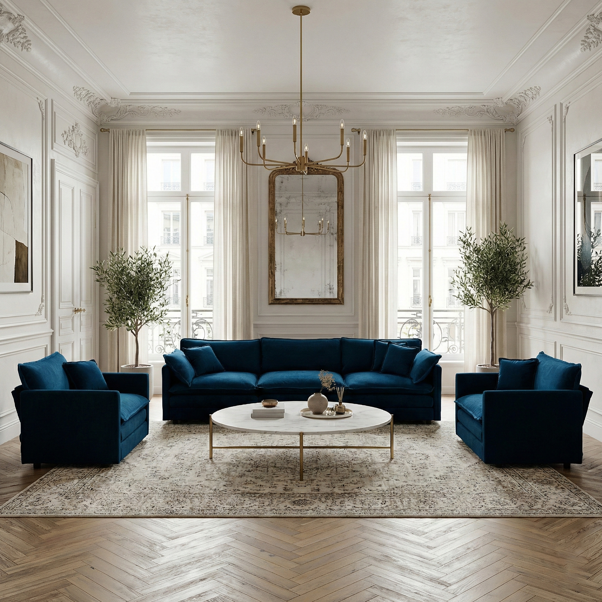 Fremont 3 Piece Chenille Upholstered Modular Sofa Set with Armchairs and 3-Seater Sofa