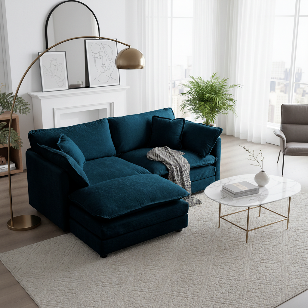 Fremont 77" Chenille Upholstered Modular Loveseat Sofa with Ottoman