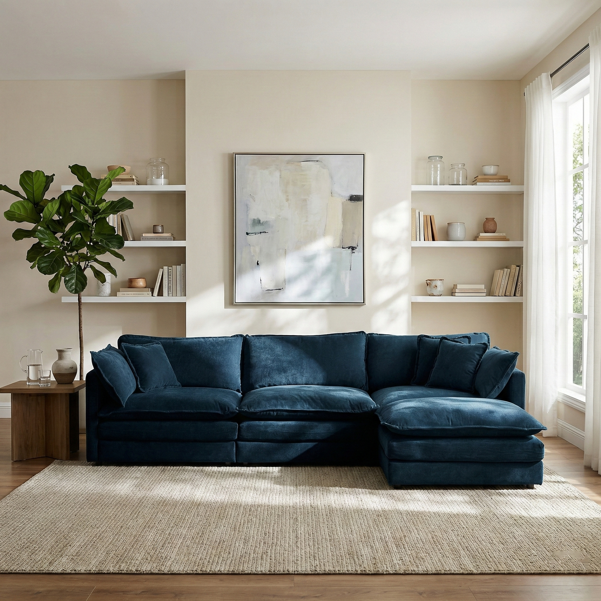 Fremont 112" Modular Chenille Upholstered L-Shaped Sectional Sofa with Ottoman