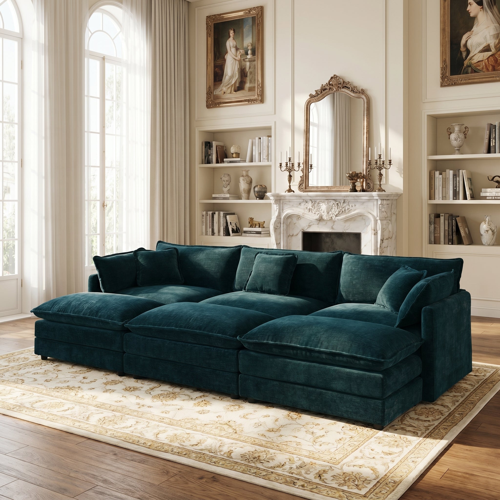Fremont 112" 6-Piece Modular Chenille Upholstered Sectional Sofa with Ottomans