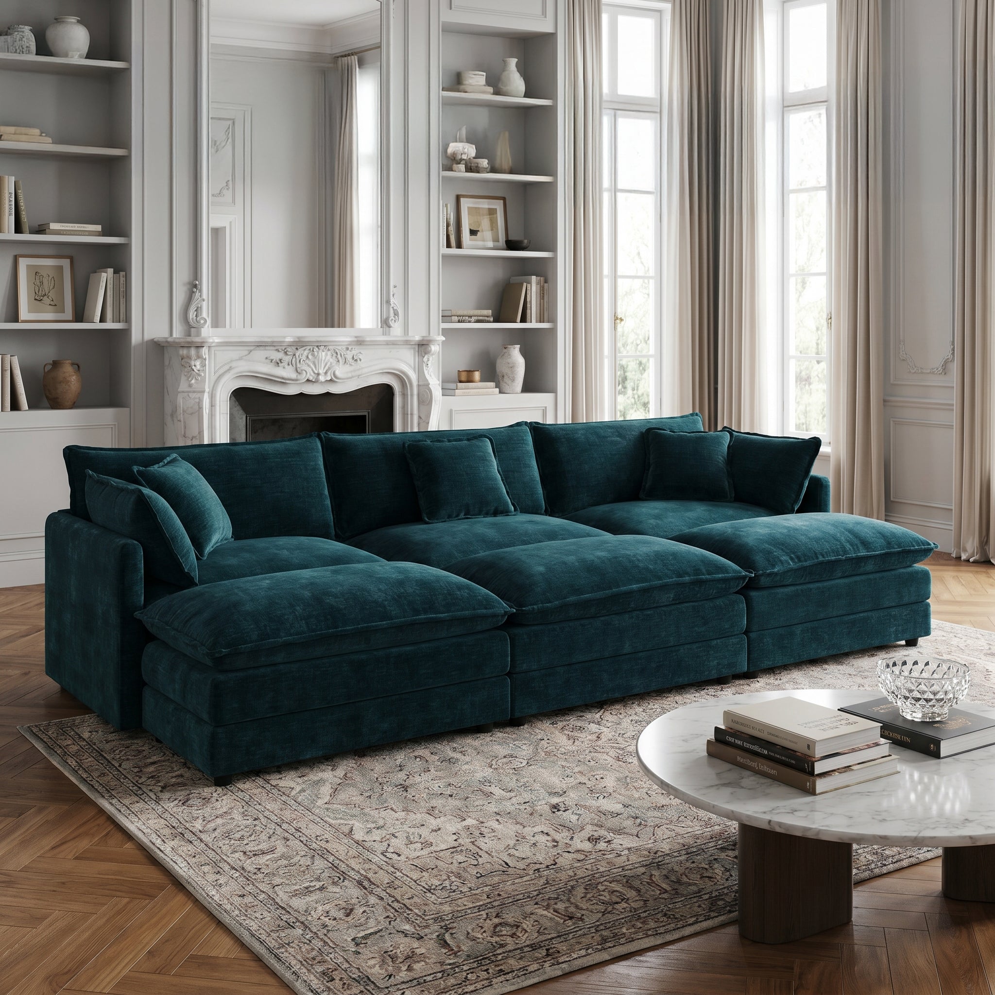 Fremont 112" 6-Piece Modular Chenille Upholstered Sectional Sofa with Ottomans
