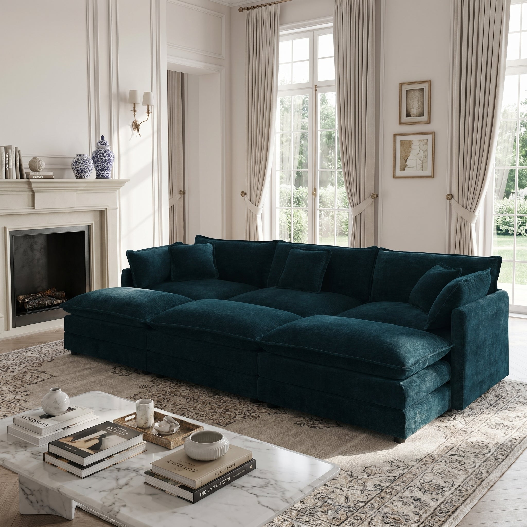 Fremont 112" 6-Piece Modular Chenille Upholstered Sectional Sofa with Ottomans