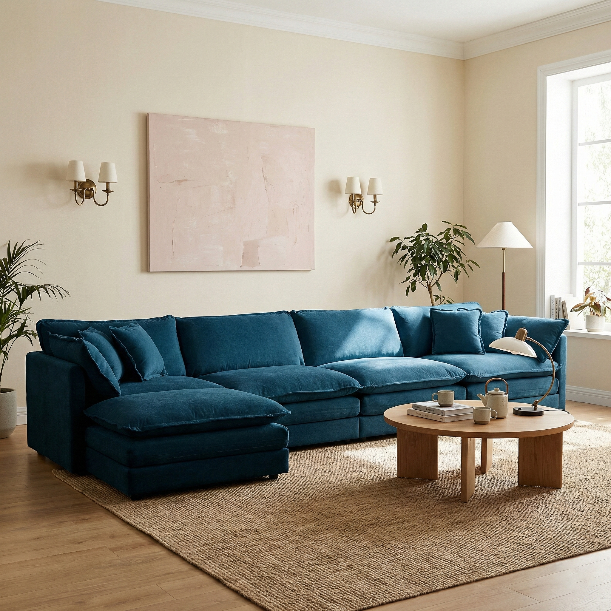 Fremont 147" Modular Chenille Upholstered L-Shaped Sectional Sofa with Ottoman