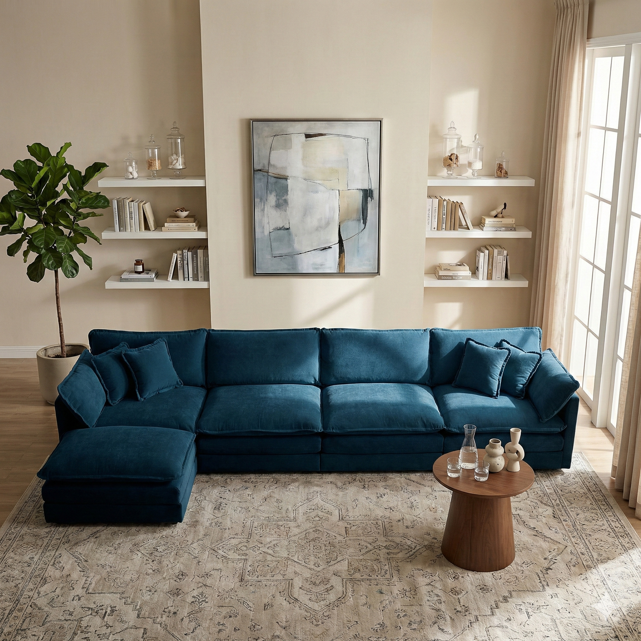 Fremont 147" Modular Chenille Upholstered L-Shaped Sectional Sofa with Ottoman