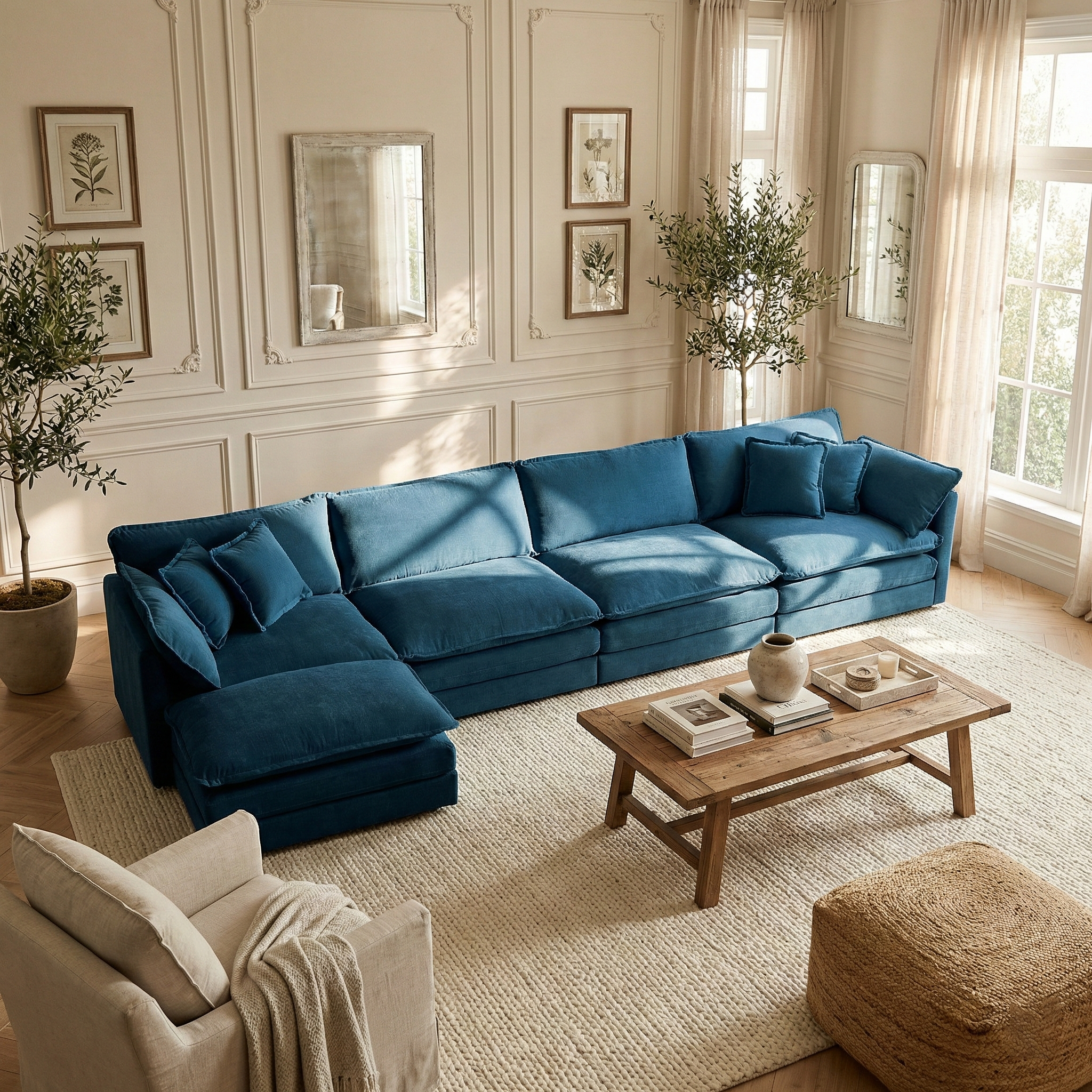 Fremont 147" Modular Chenille Upholstered L-Shaped Sectional Sofa with Ottoman