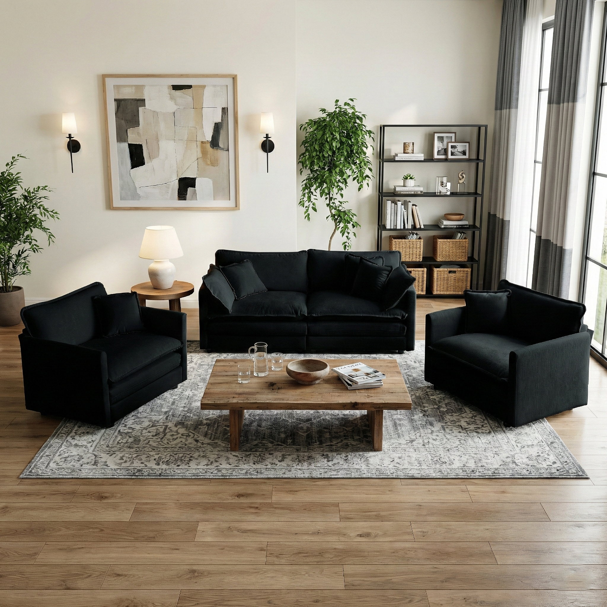 Fremont 3 Piece Chenille Upholstered Modular Sofa Set with Armchairs and Loveseat