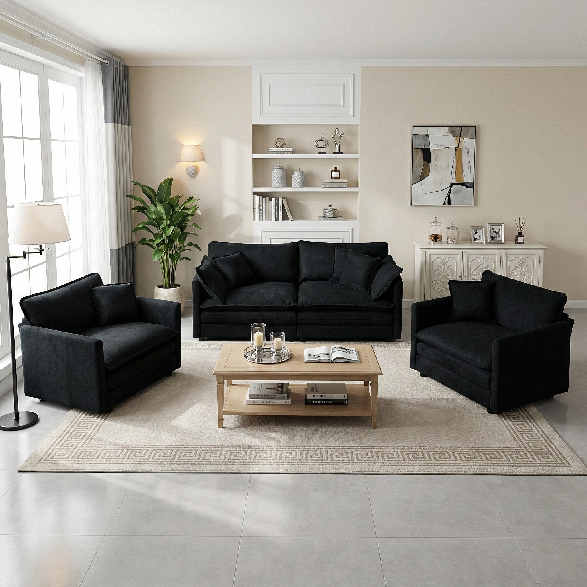 Fremont 3 Piece Chenille Upholstered Modular Sofa Set with Armchairs and Loveseat
