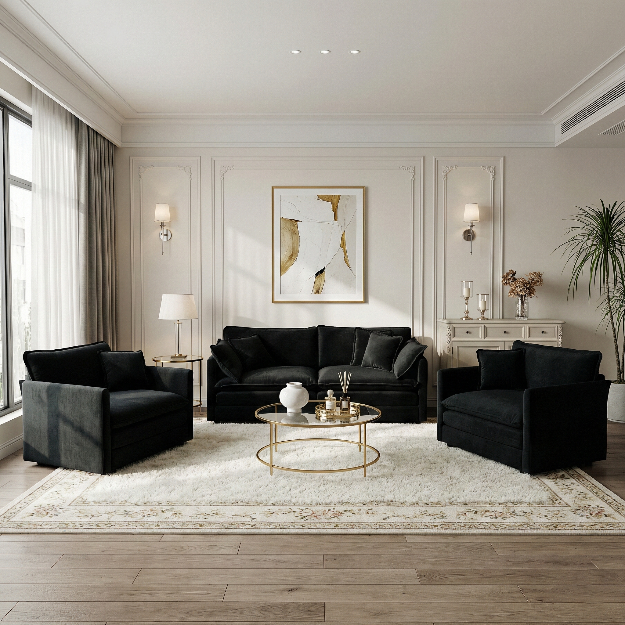 Fremont 3 Piece Chenille Upholstered Modular Sofa Set with Armchairs and Loveseat