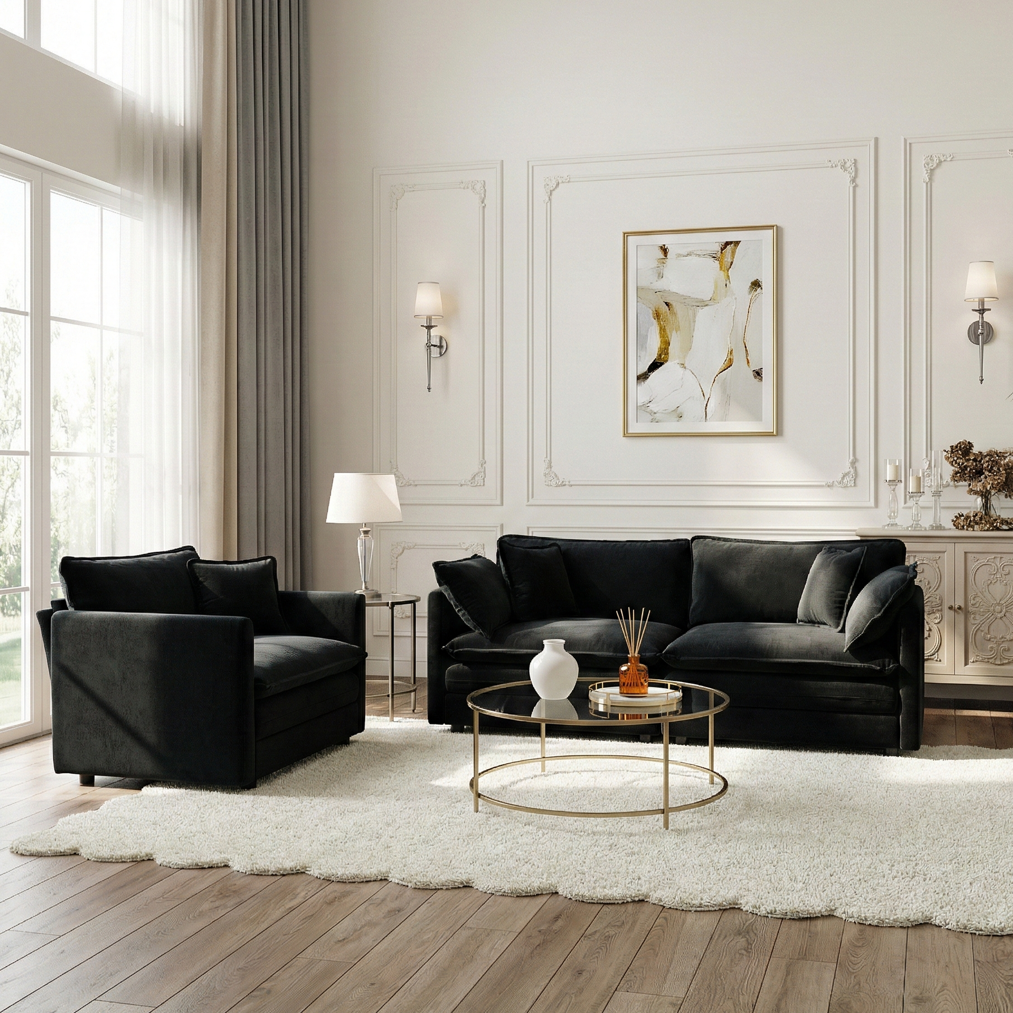 Fremont 2 Piece Chenille Upholstered Modular Sofa Set with Loveseat and Accent Chair