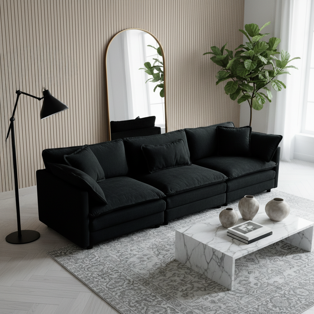 Fremont 112" Mid-Century Chenille 3-Seater Modular Sofa with Toss Pillows