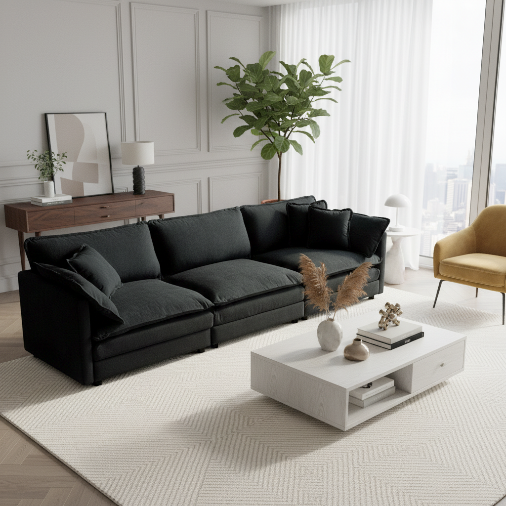 Fremont 112" Mid-Century Chenille 3-Seater Modular Sofa with Toss Pillows