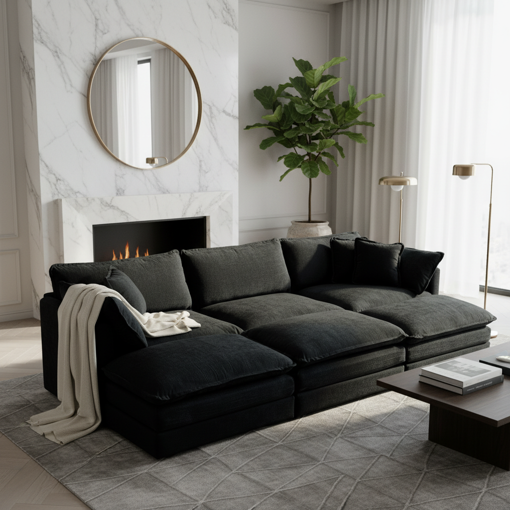 Fremont 112" 6-Piece Modular Chenille Upholstered Sectional Sofa with Ottomans