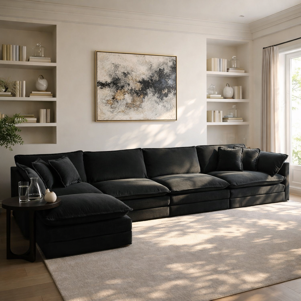 Fremont 147" Modular Chenille Upholstered L-Shaped Sectional Sofa with Ottoman