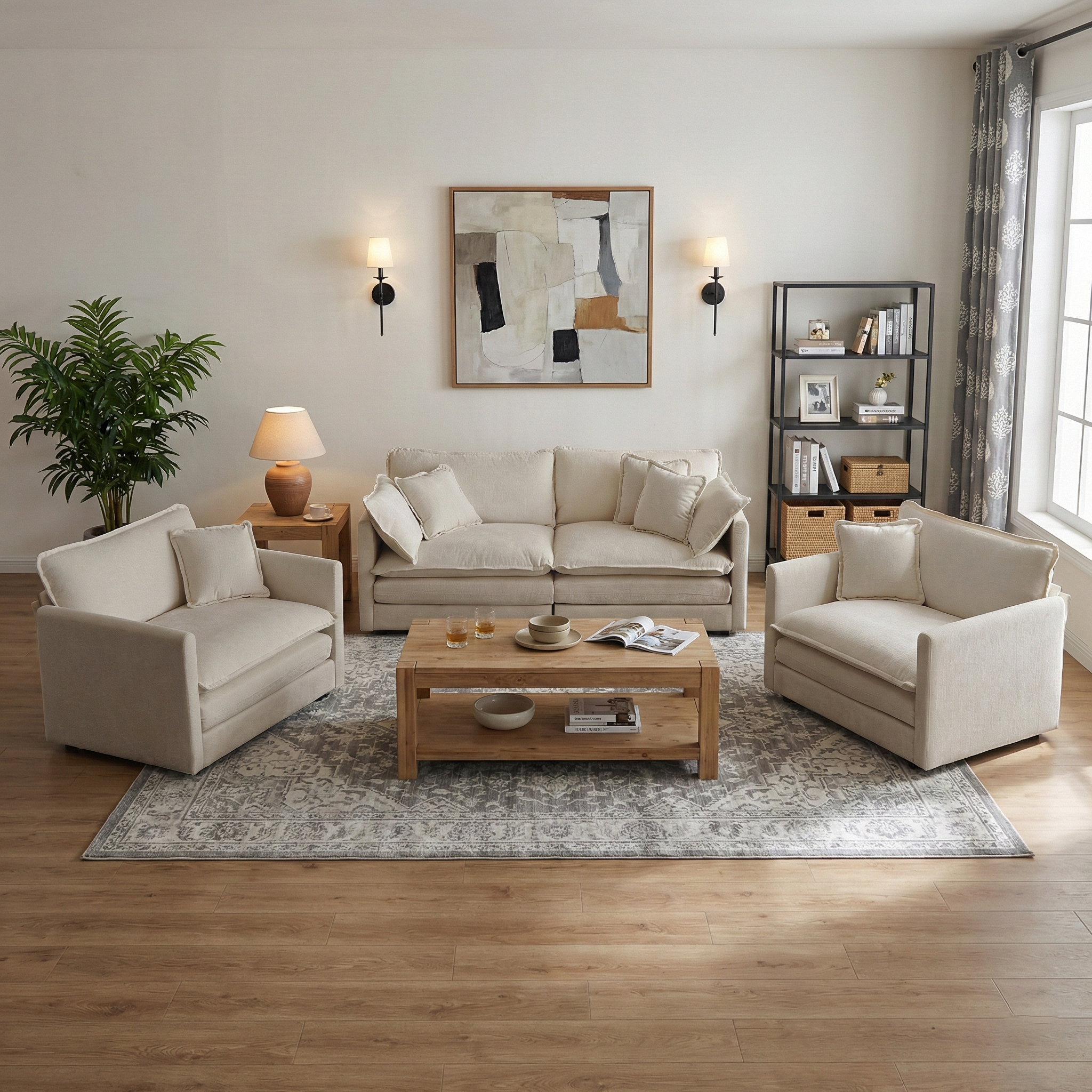 Fremont 3 Piece Chenille Upholstered Modular Sofa Set with Armchairs and Loveseat