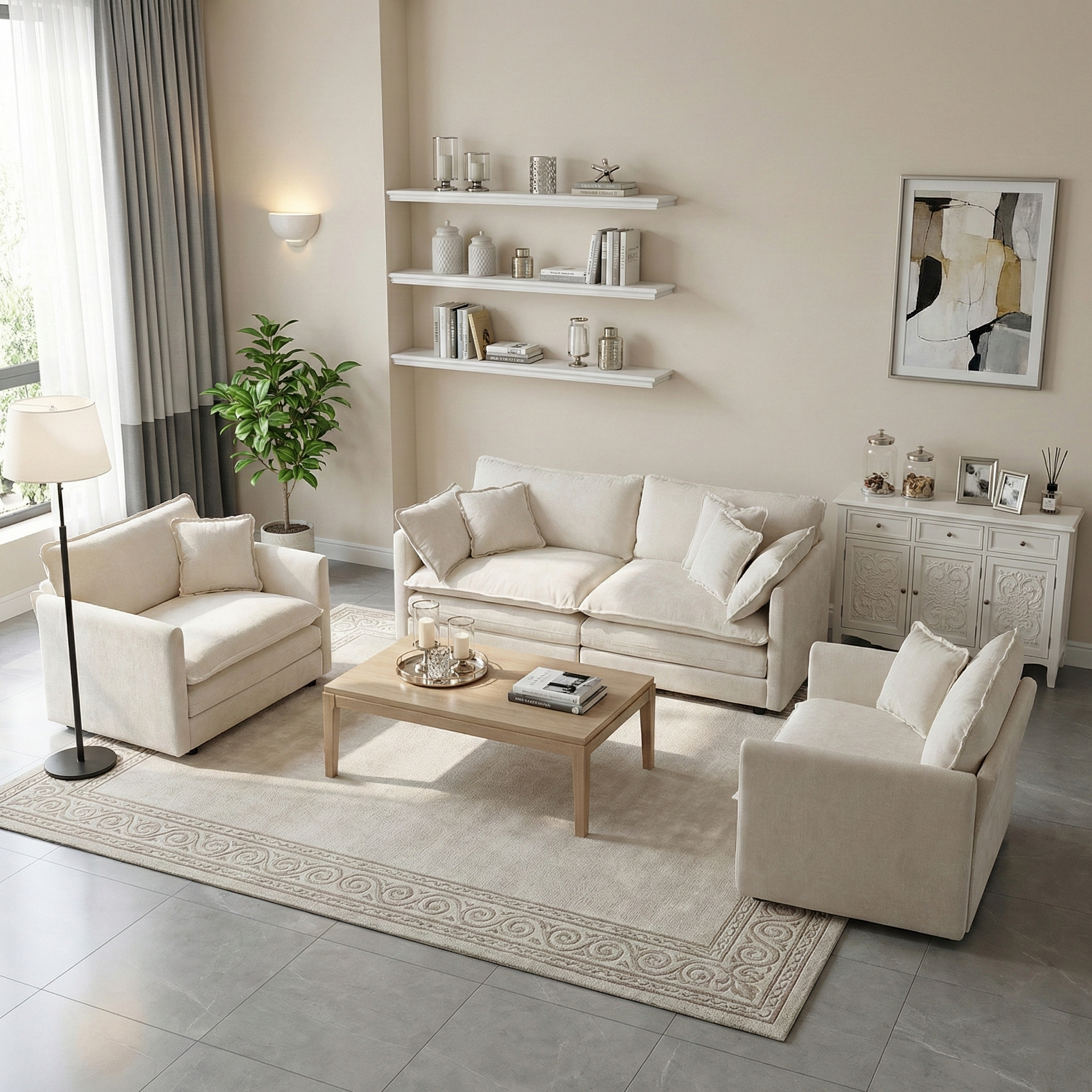 Fremont 3 Piece Chenille Upholstered Modular Sofa Set with Armchairs and Loveseat
