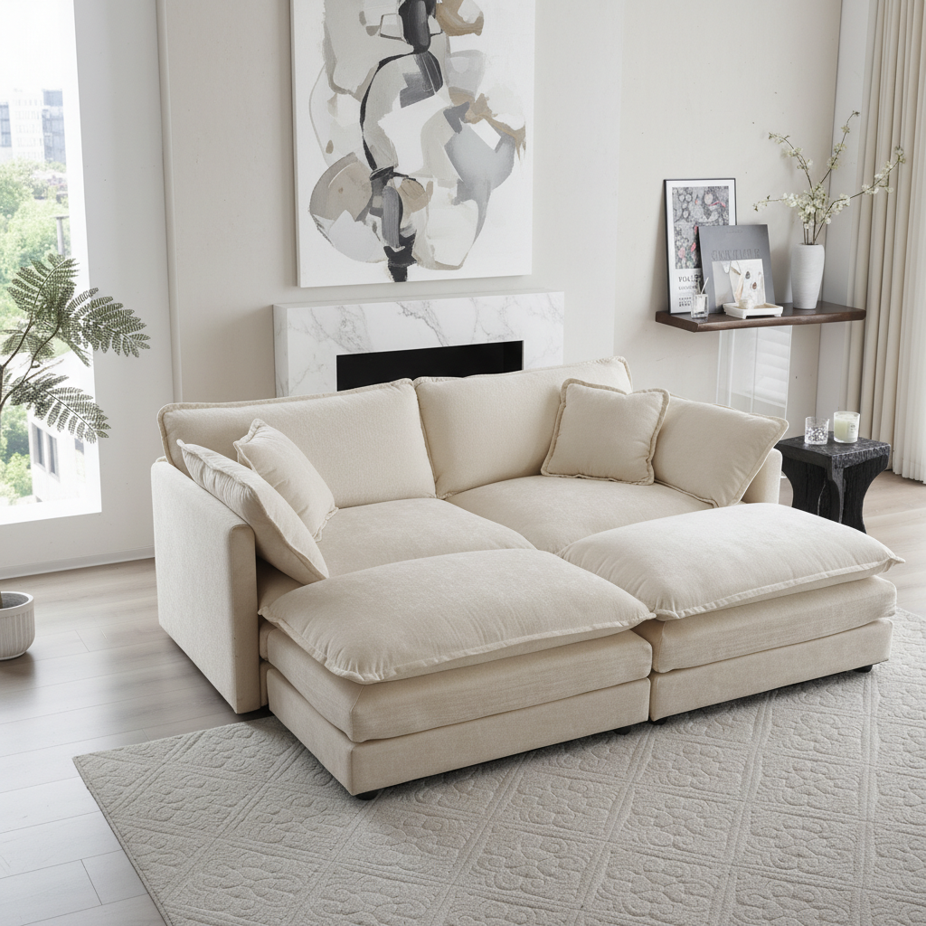 Fremont 77" 4-Piece Modular Chenille Upholstered Sectional Sofa with Ottomans