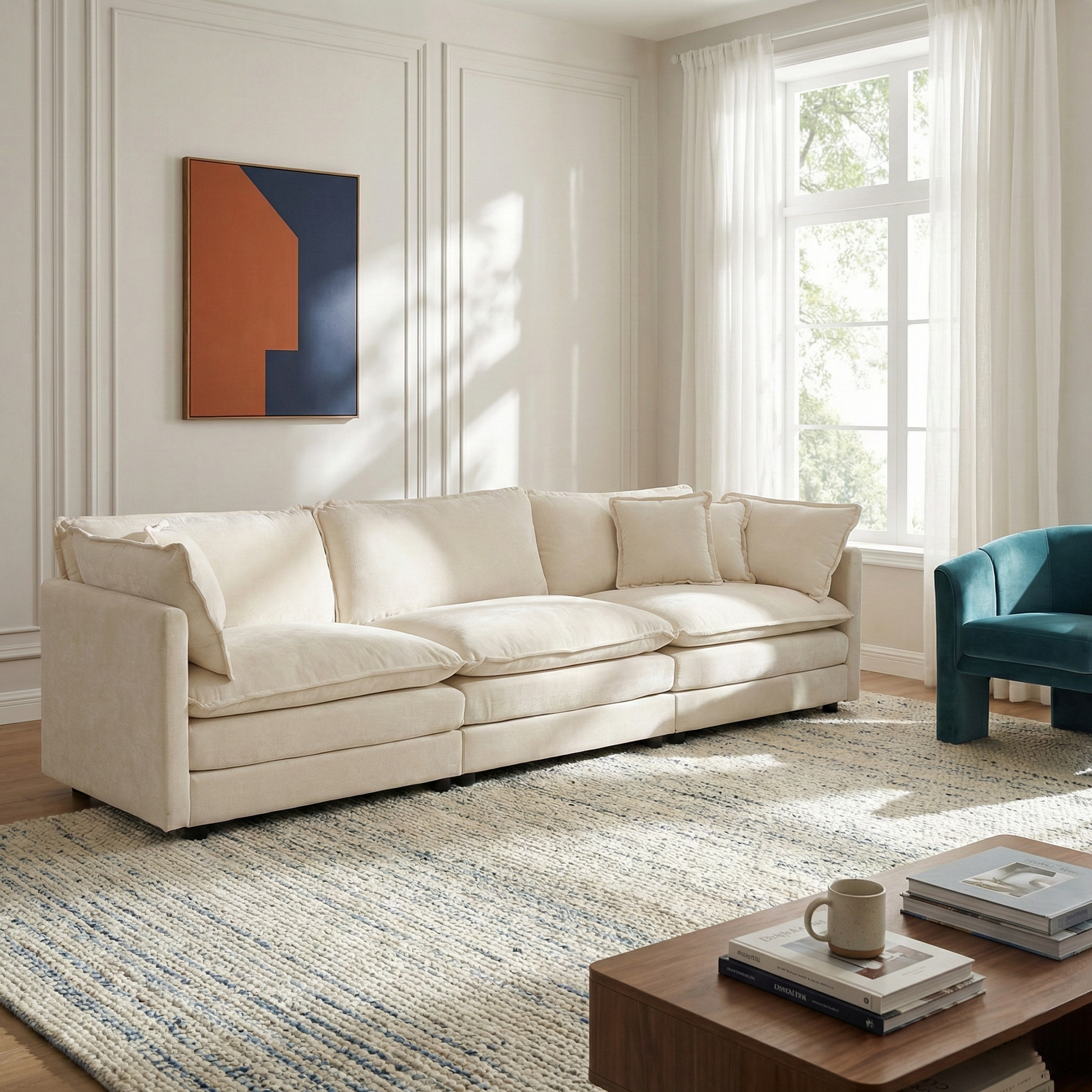 Fremont 112" Mid-Century Chenille 3-Seater Modular Sofa with Toss Pillows