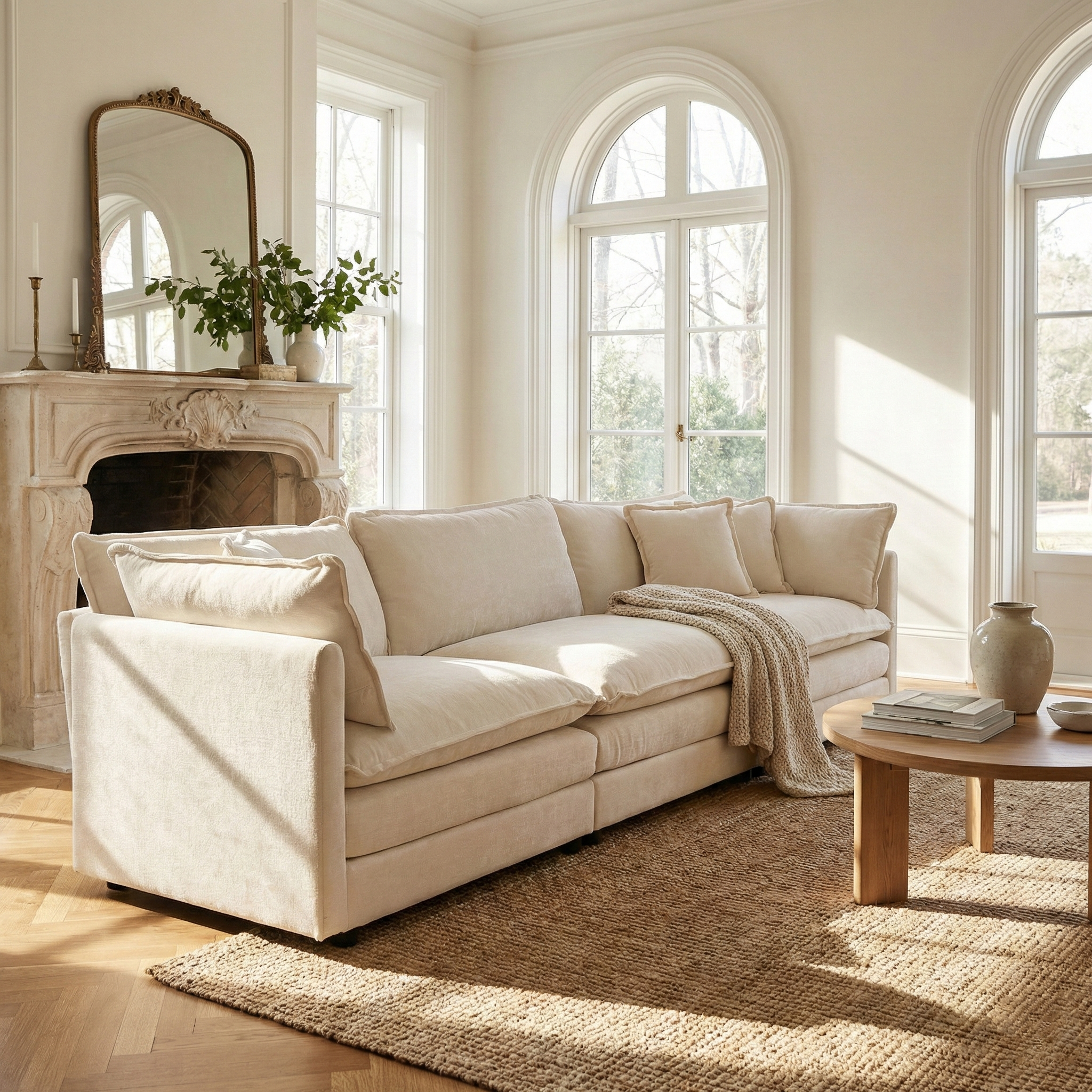 Fremont 112" Mid-Century Chenille 3-Seater Modular Sofa with Toss Pillows