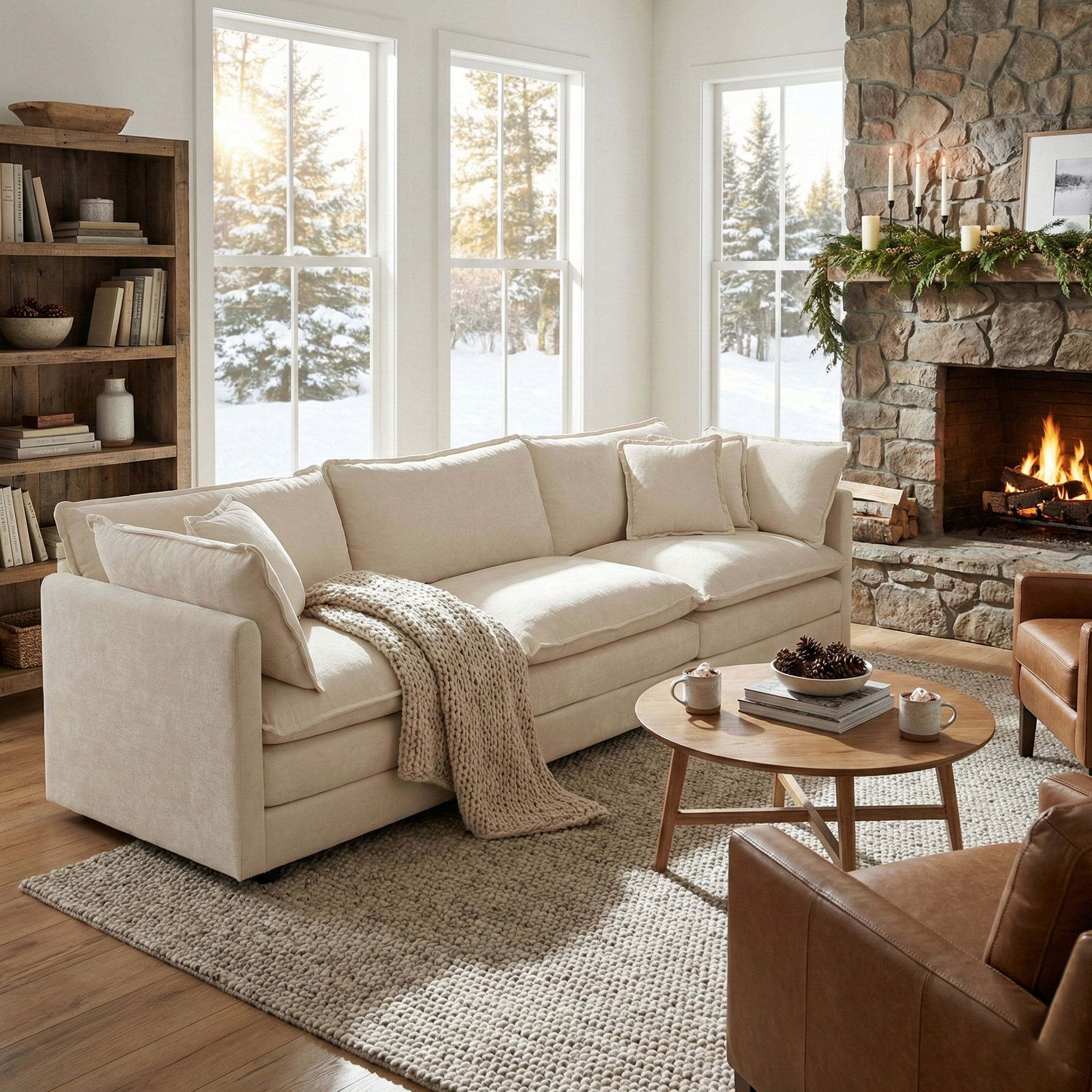 Fremont 112" Mid-Century Chenille 3-Seater Modular Sofa with Toss Pillows