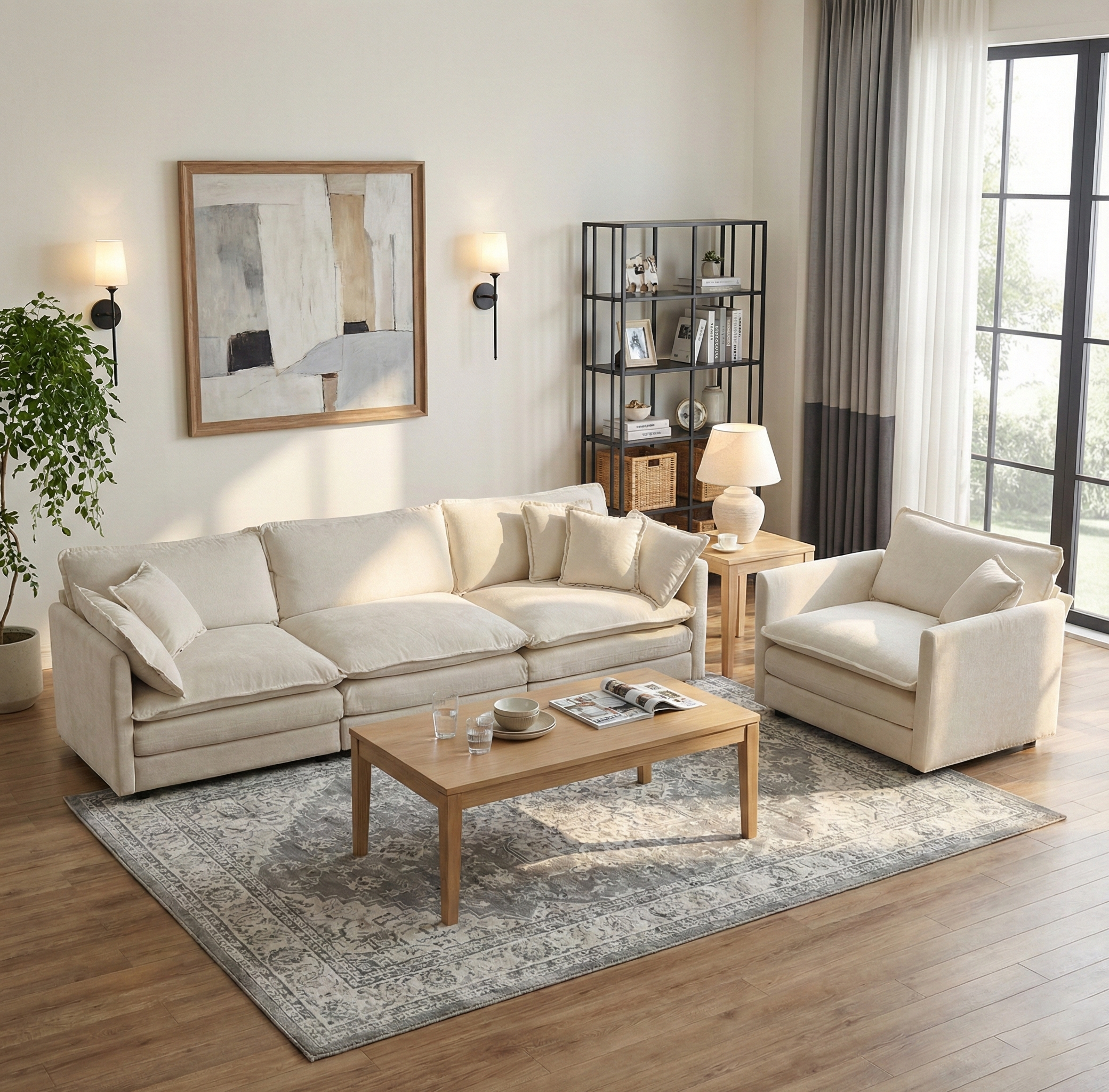 Fremont 3-Piece Modular Chenille Upholstered Sofa Set with Armchair and 3-Seater Sofa