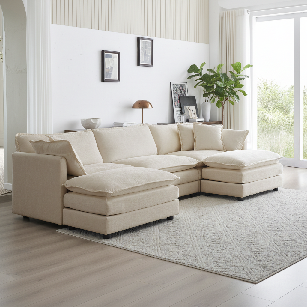 Fremont 112" Modular Chenille Upholstered U-Shaped Sectional Sofa with Ottomans