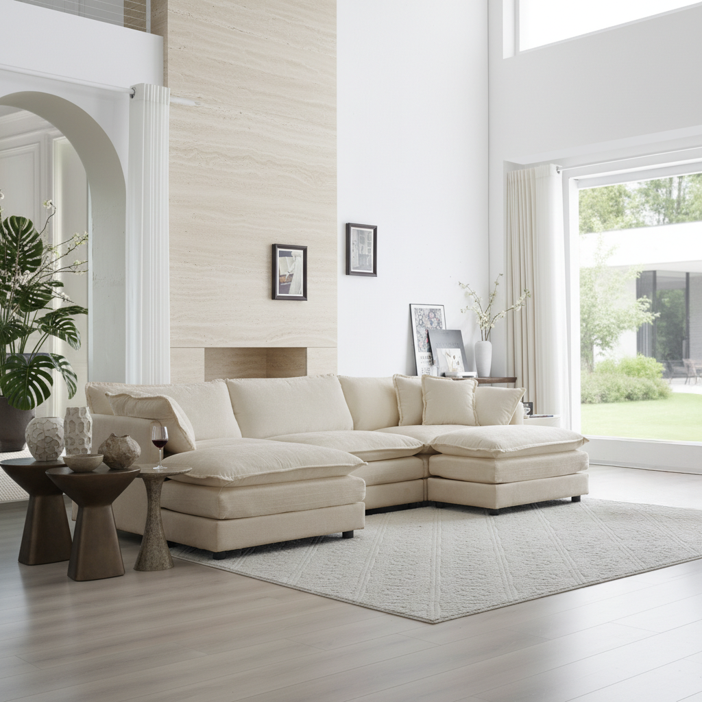 Fremont 112" Modular Chenille Upholstered U-Shaped Sectional Sofa with Ottomans