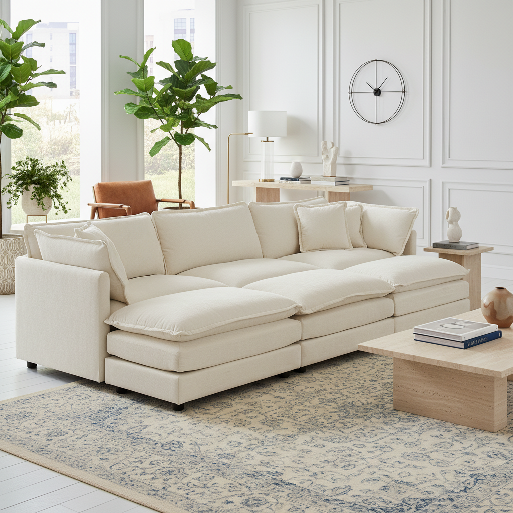 Fremont 112" 6-Piece Modular Chenille Upholstered Sectional Sofa with Ottomans