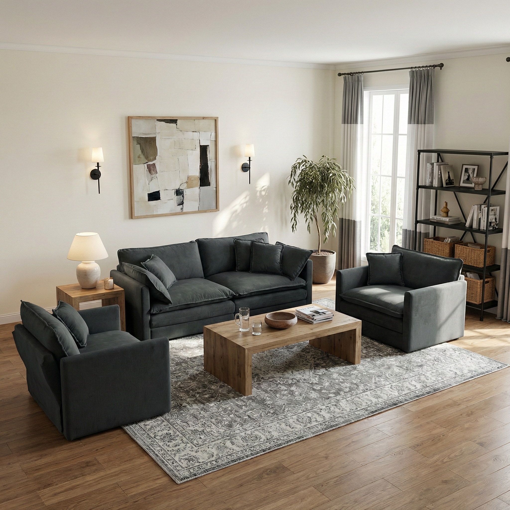 Fremont 3 Piece Chenille Upholstered Modular Sofa Set with Armchairs and Loveseat