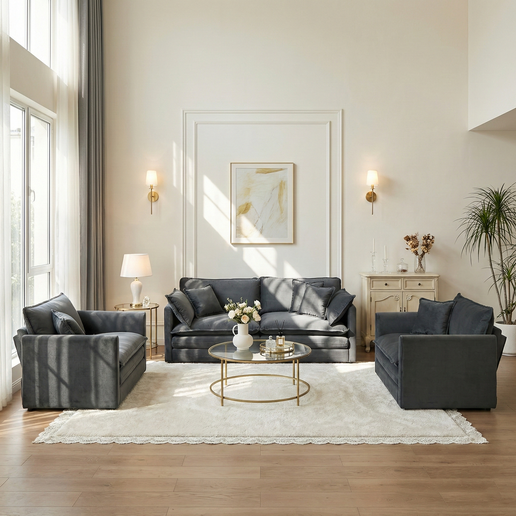 Fremont 3 Piece Chenille Upholstered Modular Sofa Set with Armchairs and Loveseat