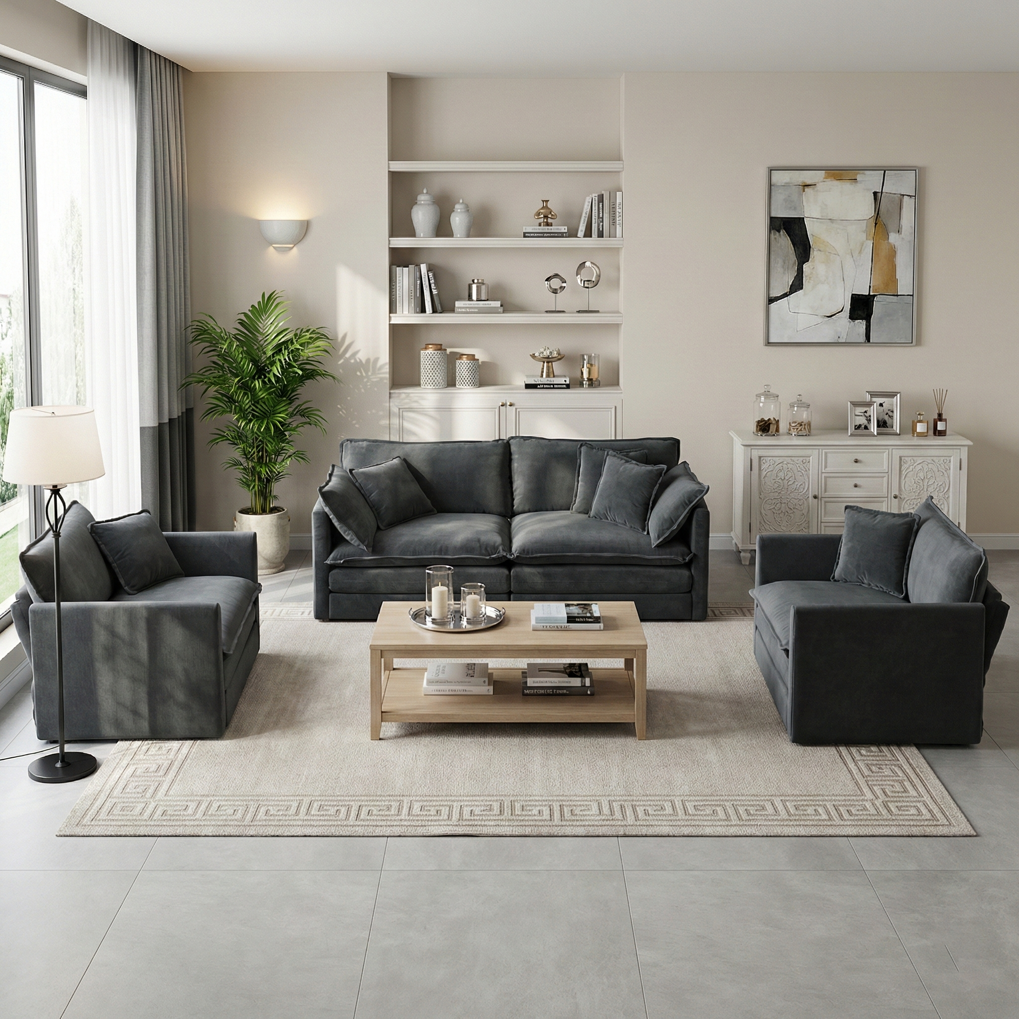 Fremont 3 Piece Chenille Upholstered Modular Sofa Set with Armchairs and Loveseat
