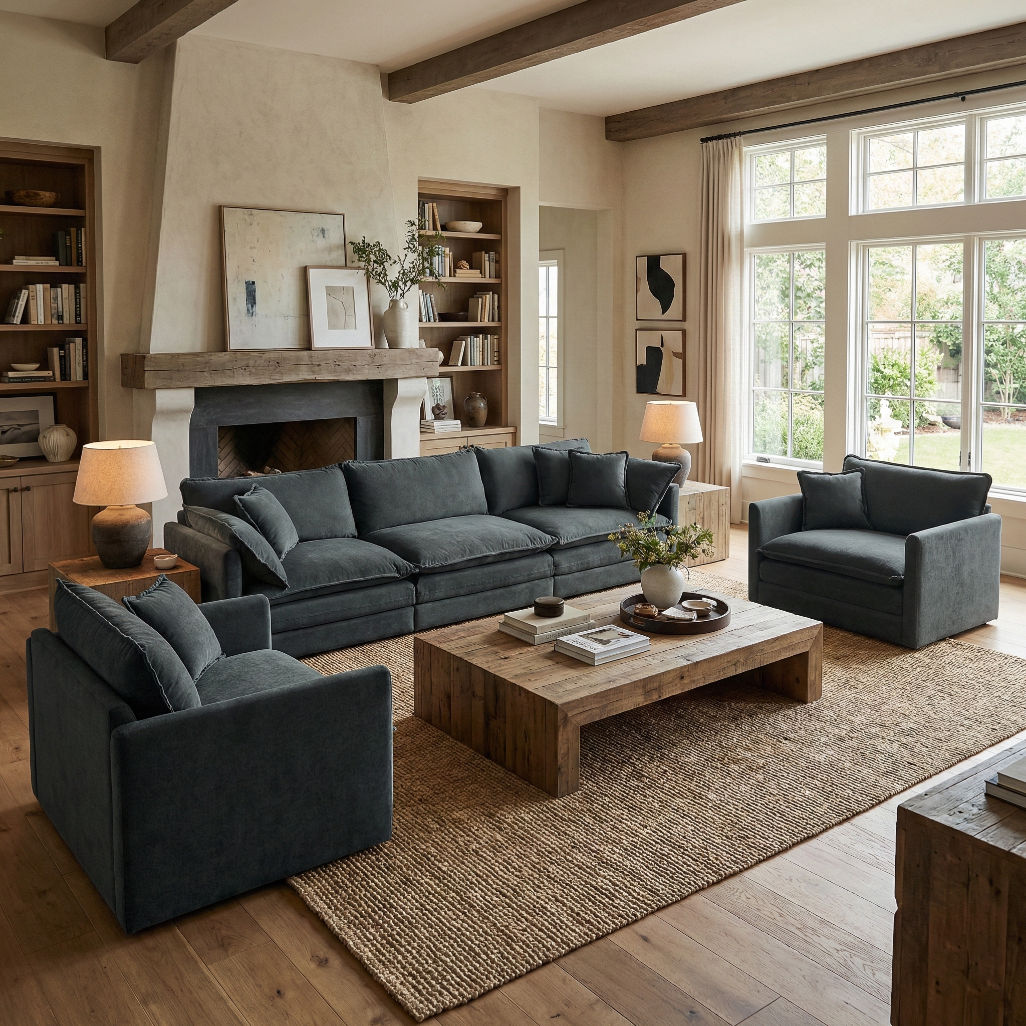 Fremont 3 Piece Chenille Upholstered Modular Sofa Set with Armchairs and 3-Seater Sofa