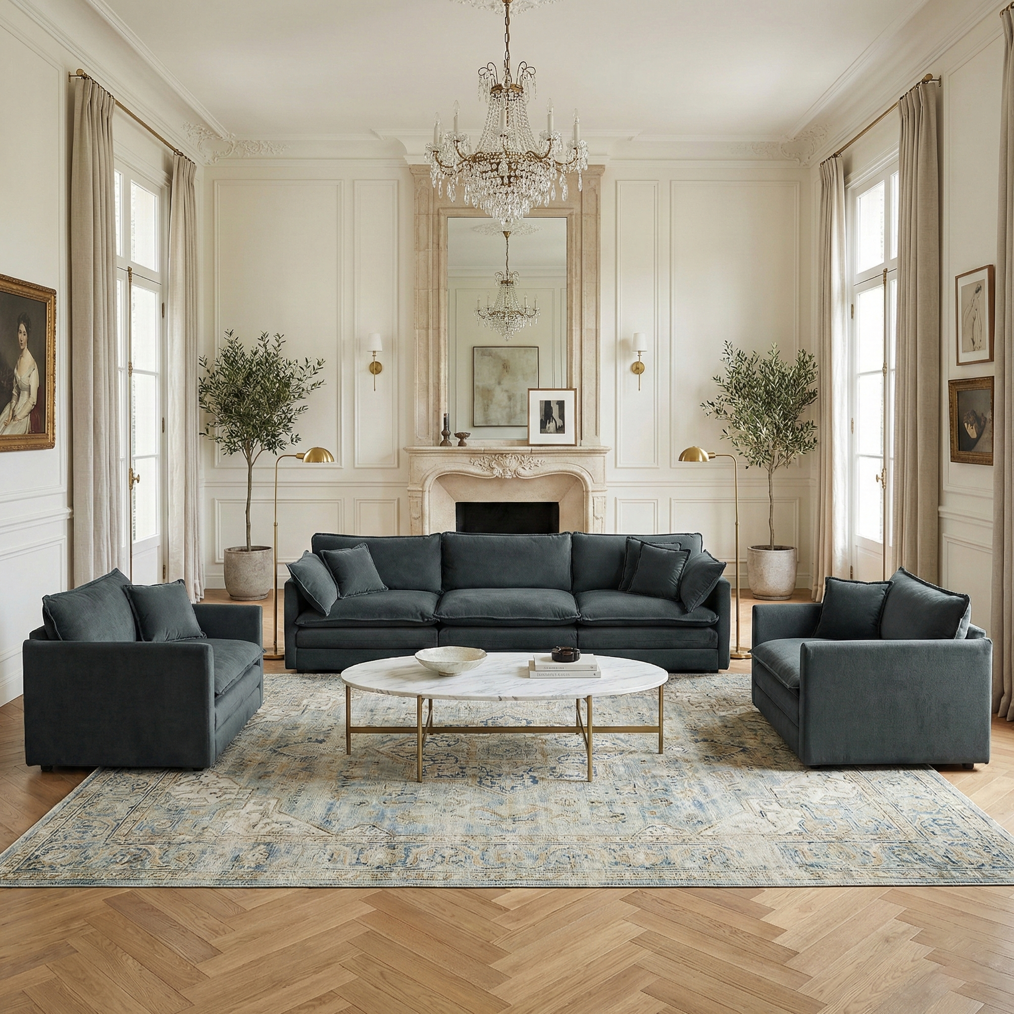 Fremont 3 Piece Chenille Upholstered Modular Sofa Set with Armchairs and 3-Seater Sofa